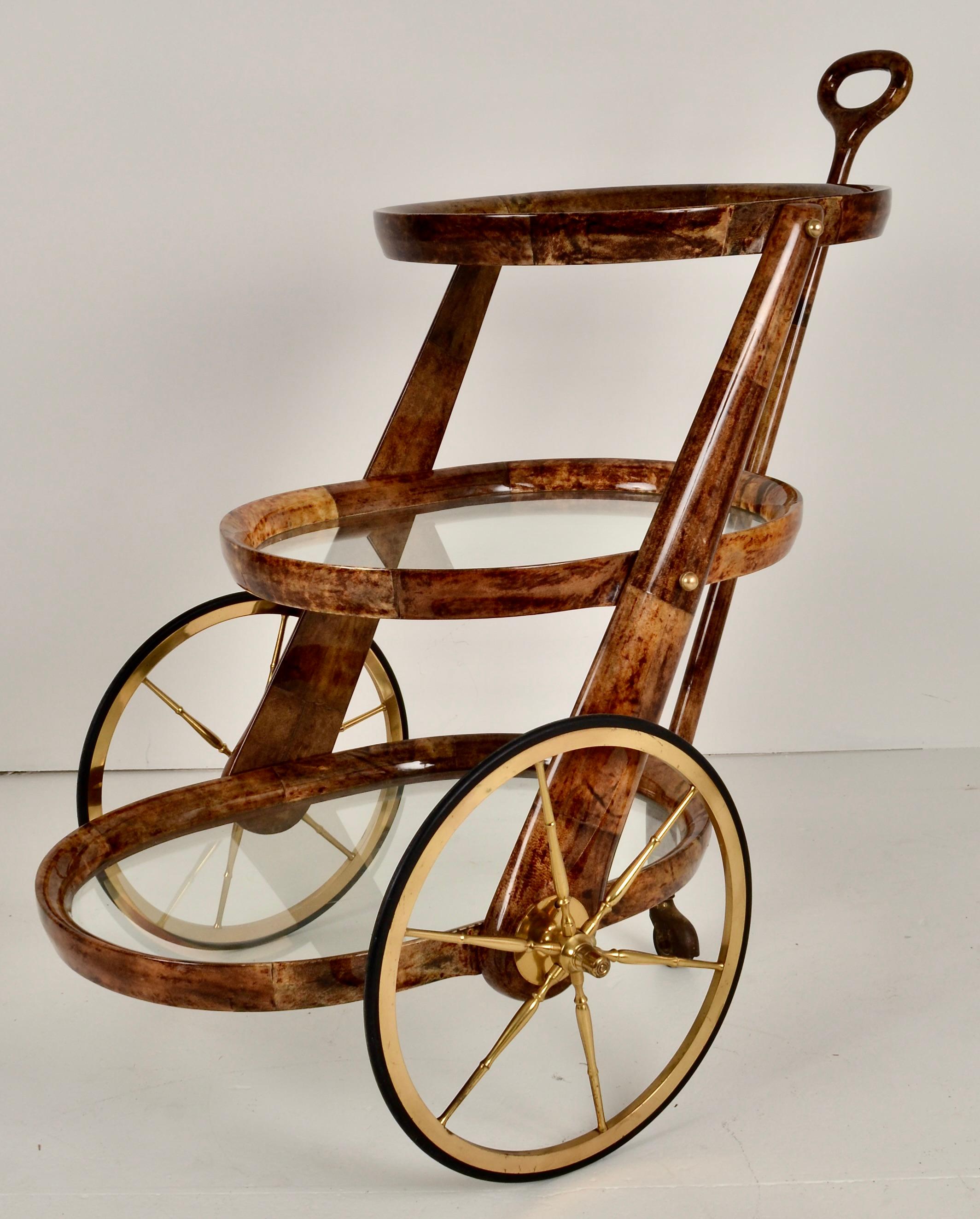 Mid-Century Modern Aldo Tura Three-Tier Lacquered Goatskin Bar Cart, Italy 1980s For Sale