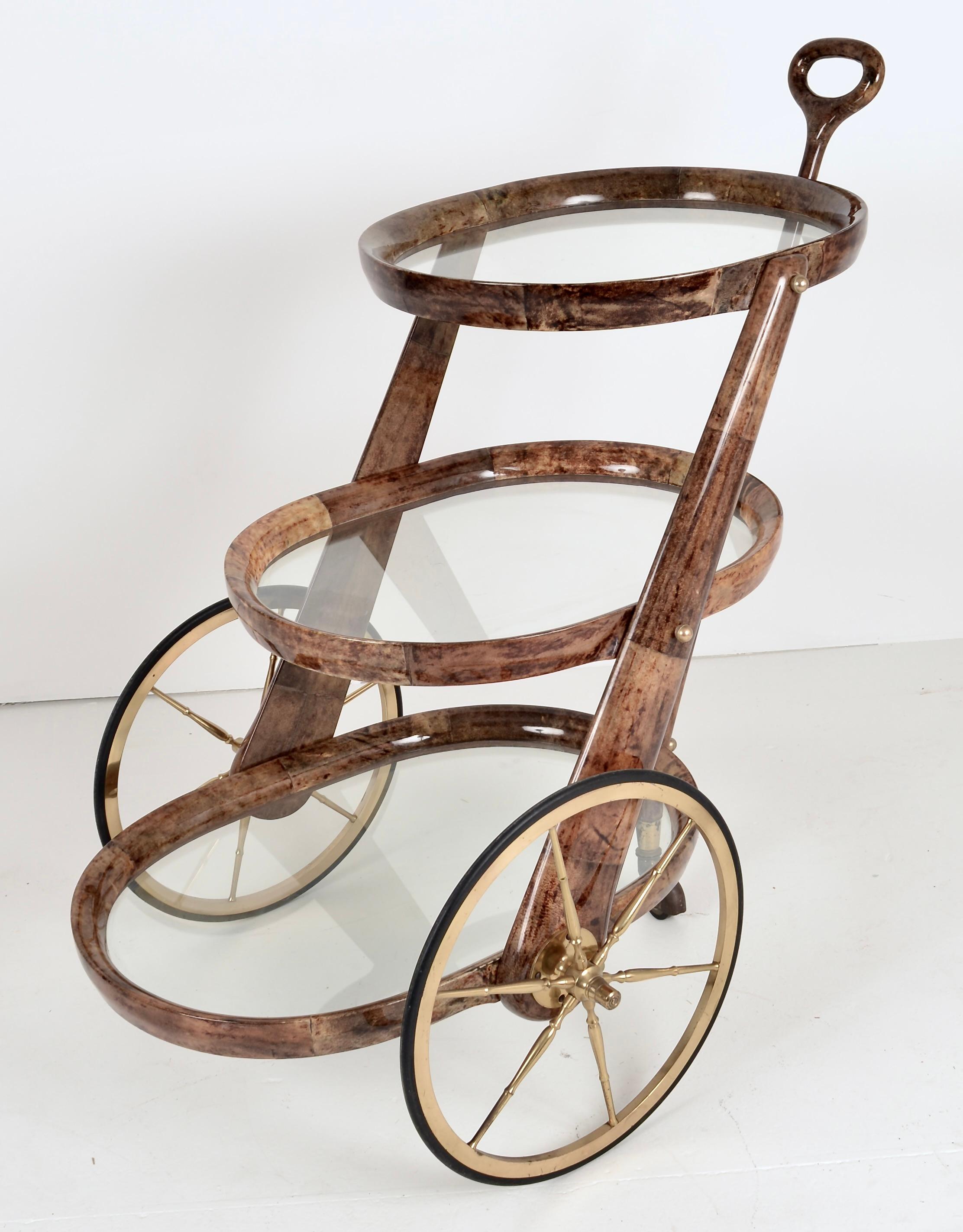 Aldo Tura Three-Tier Lacquered Goatskin Bar Cart, Italy 1980s In Good Condition For Sale In Norwalk, CT