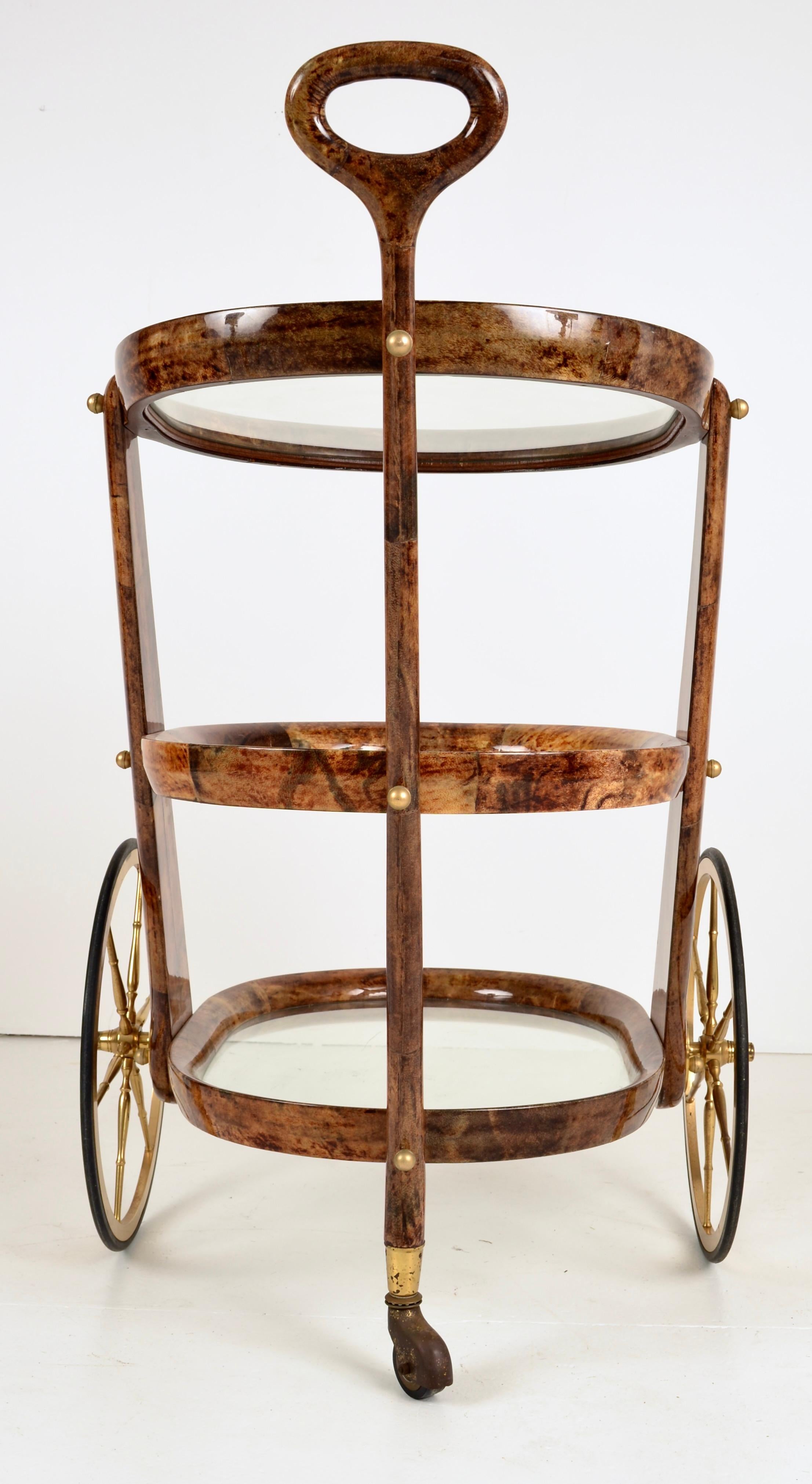 Late 20th Century Aldo Tura Three-Tier Lacquered Goatskin Bar Cart, Italy 1980s For Sale