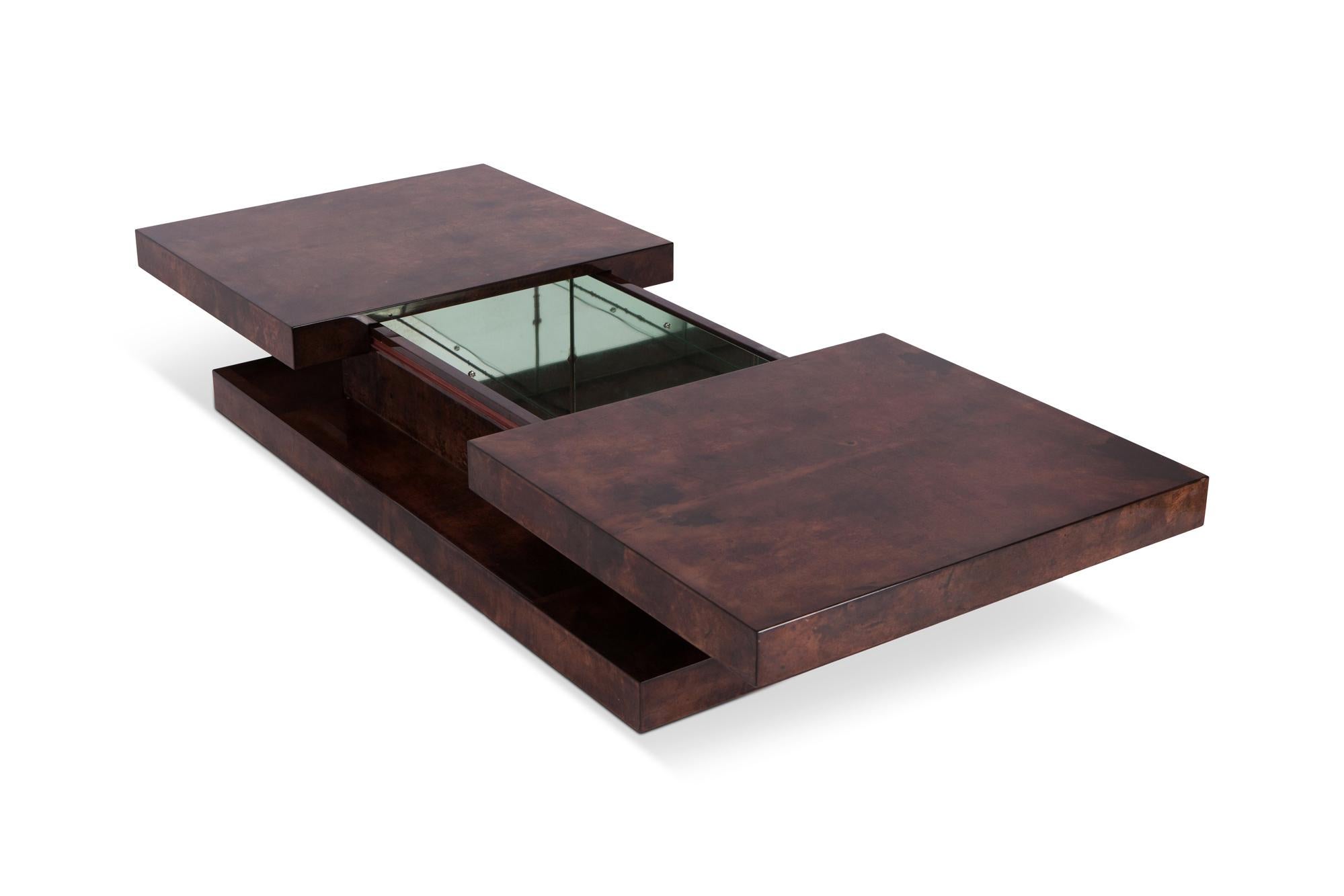Lacquered Aldo Tura Two-Tier Sliding Coffee Table with Hidden Bar  