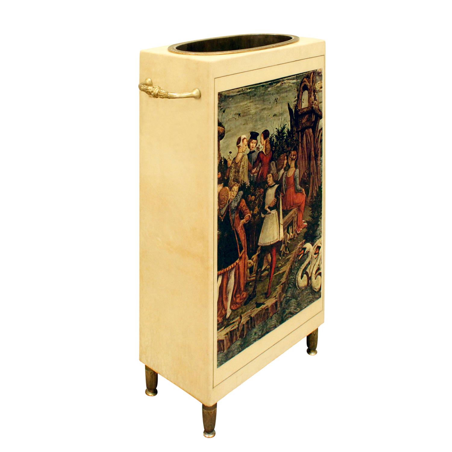 Umbrella stand covered in lacquered goatskin with lithographically printed and hand-colored Renaissance scene and brass hardware by Aldo Tura, Italy, 1970s (signed on bottom). This is a rare and unique piece.