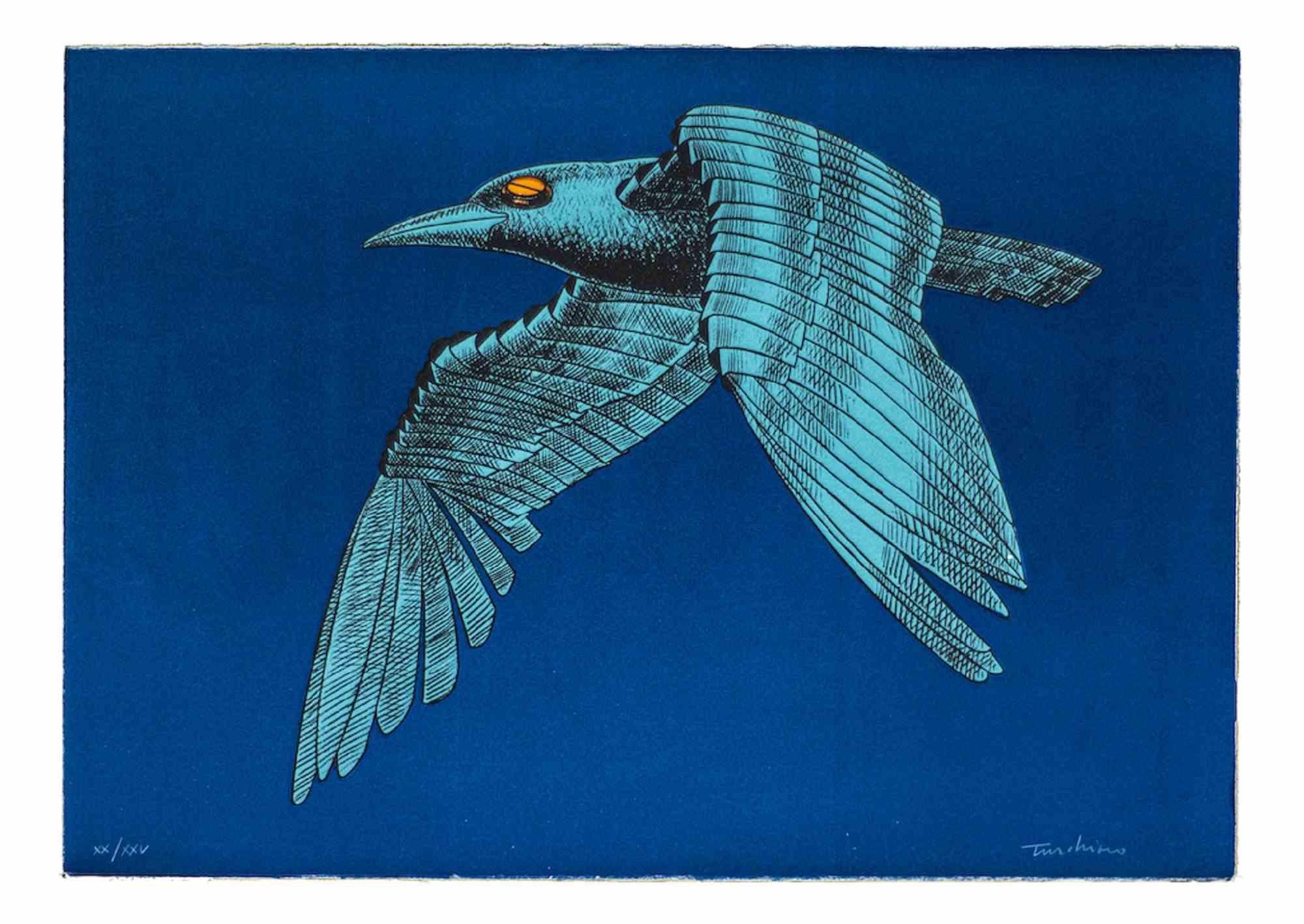 Bird is a lithograph by Aldo Turchiaro, realized in 1980.

Hand-signed on the lower right.

Numbered, edition V/XXV.

Good conditions except for aged margins.

The artwork represents a mechanical bird with perfect hatching. the artwork is depicted