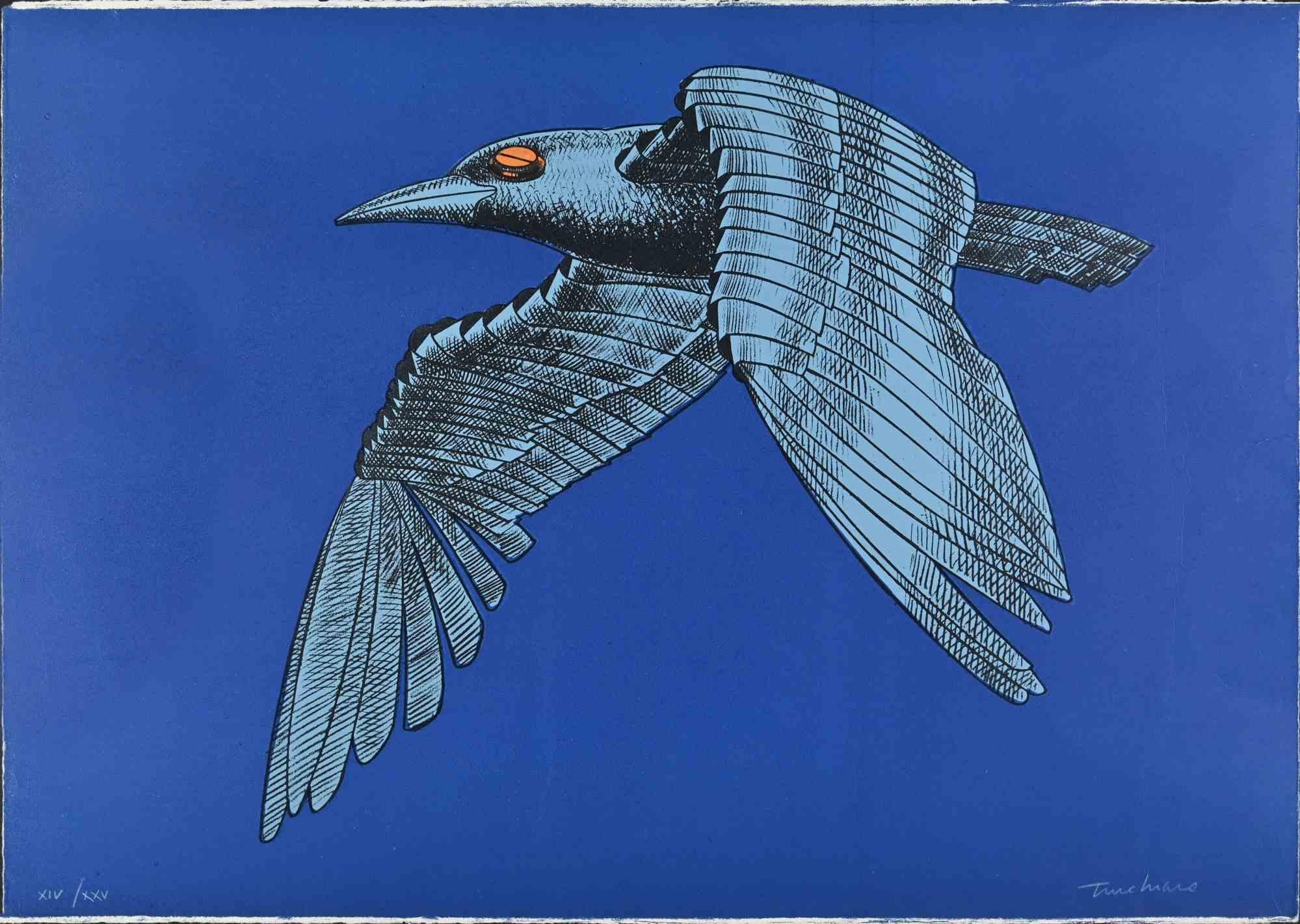 Bird è una litografia di Aldo Turchiaro, realizzata nel 1980.

Firmato a mano in basso a destra.

Edizione numerata, XIV/XXV.

Buone condizioni, tranne che per i margini invecchiati.

L'opera d'arte rappresenta un uccello meccanico con una schiusa