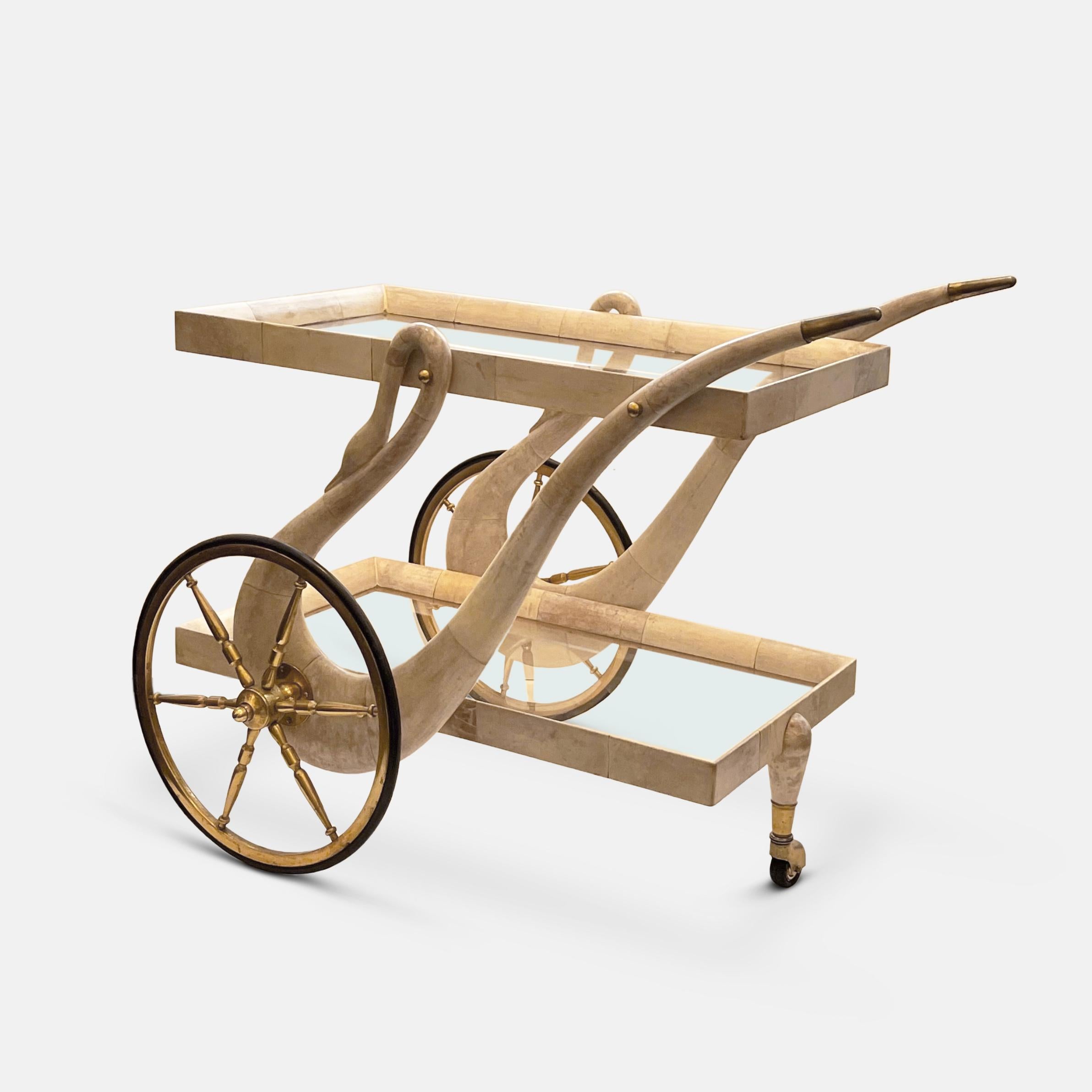  Aldo Turra 1960s Swan Bart Cart in Parchment & Brass In Good Condition For Sale In London, GB