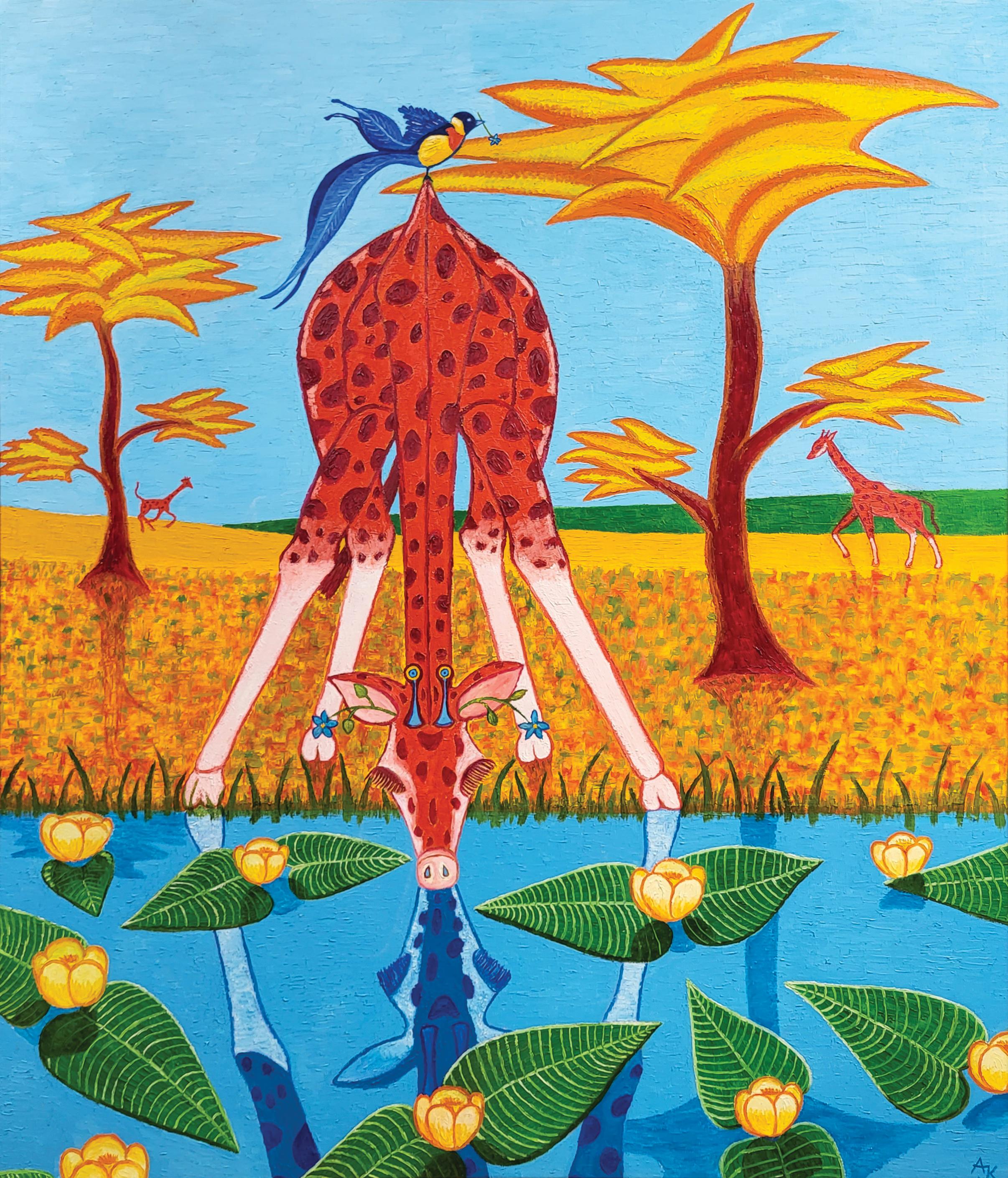 Aldona Jablonska Klimczak Abstract Painting - A Giraffe drinking