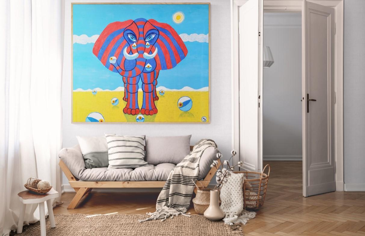 Tears of a Striped Elephant - Blue Abstract Painting by Aldona Jablonska Klimczak