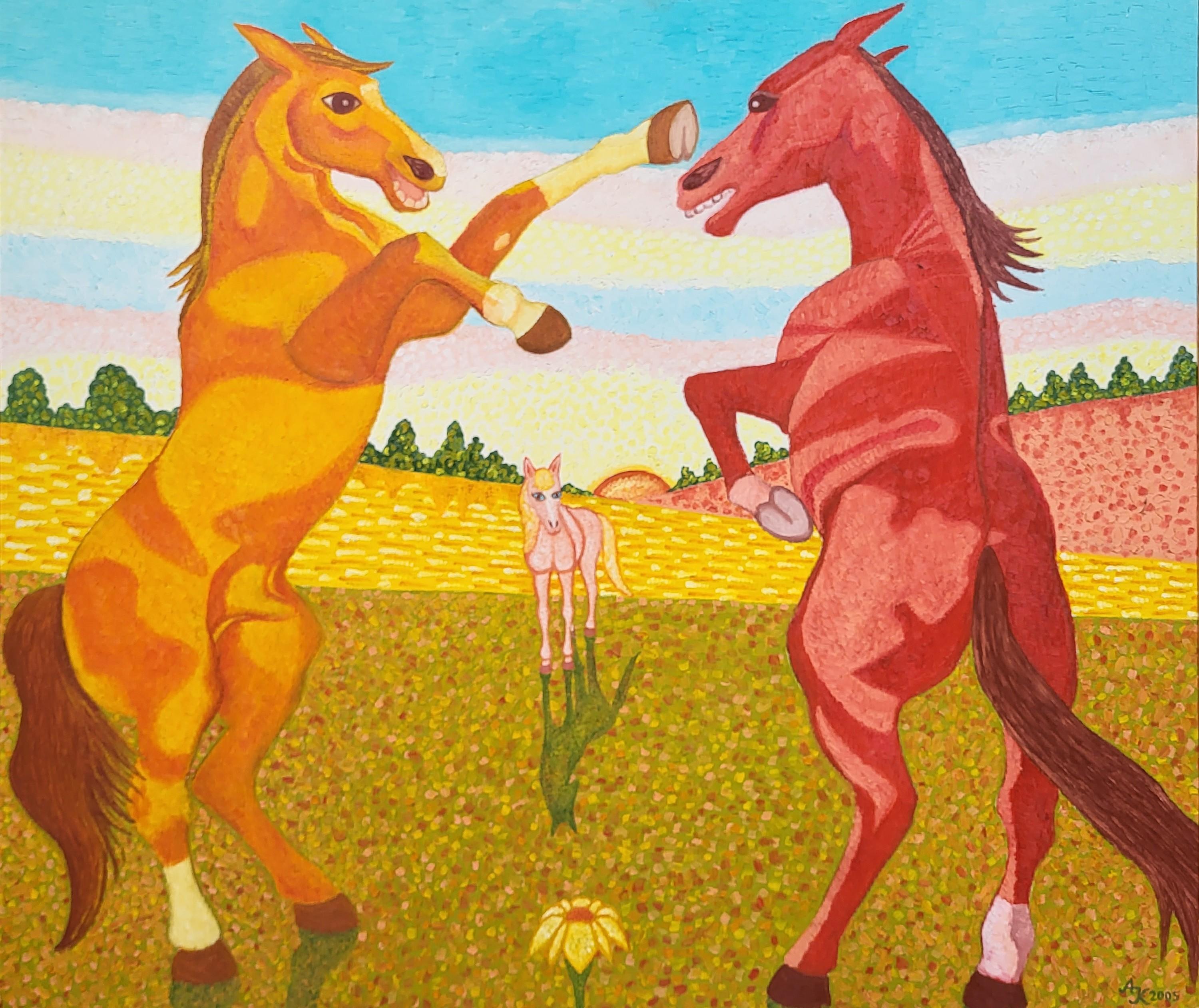 Aldona Jablonska Klimczak Abstract Painting - Two Stallions and a Blond