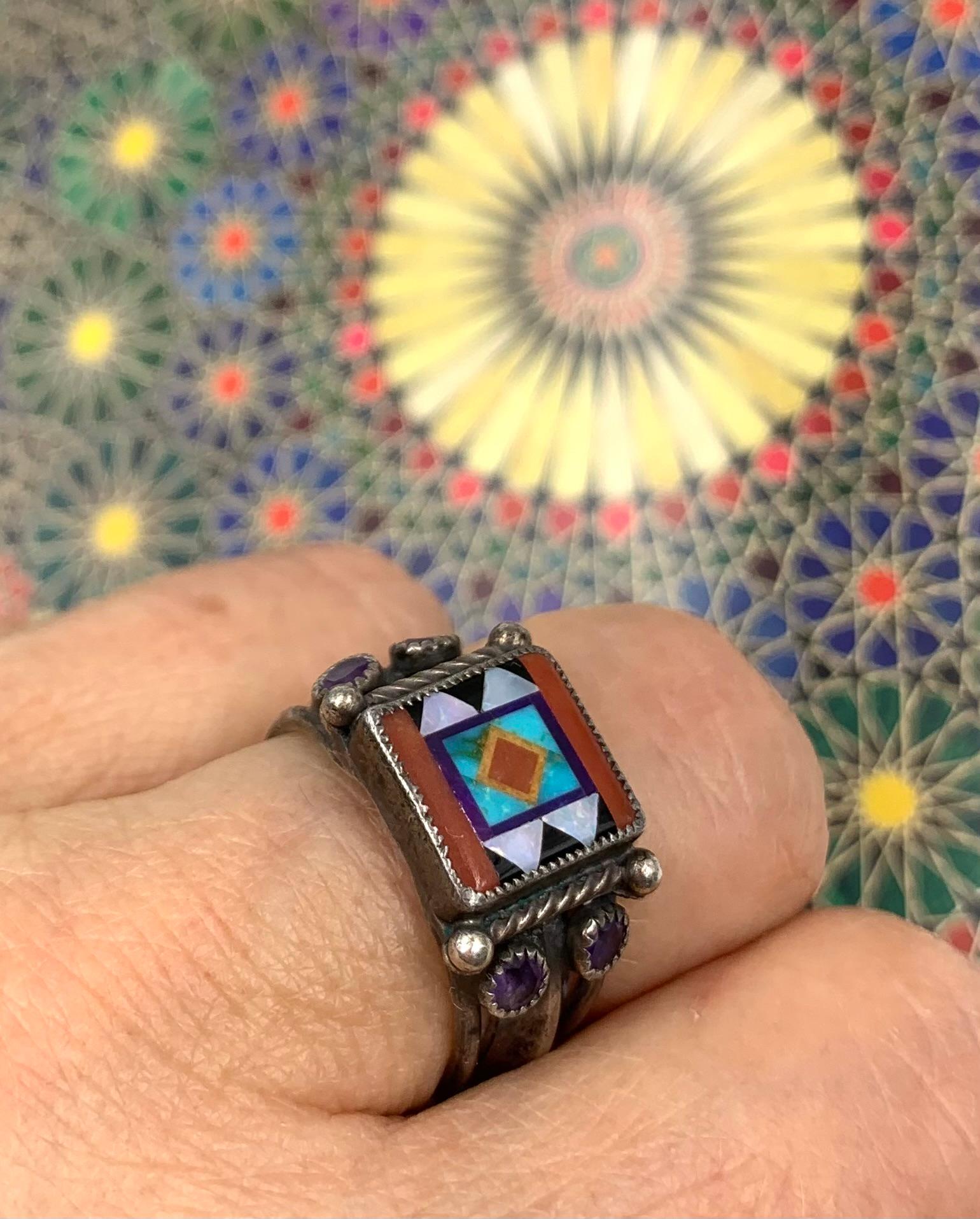 Aldrich Art Inlaid Opal Turquoise Coral Jet Lapis Lazuli Amethyst Silver Ring For Sale 8