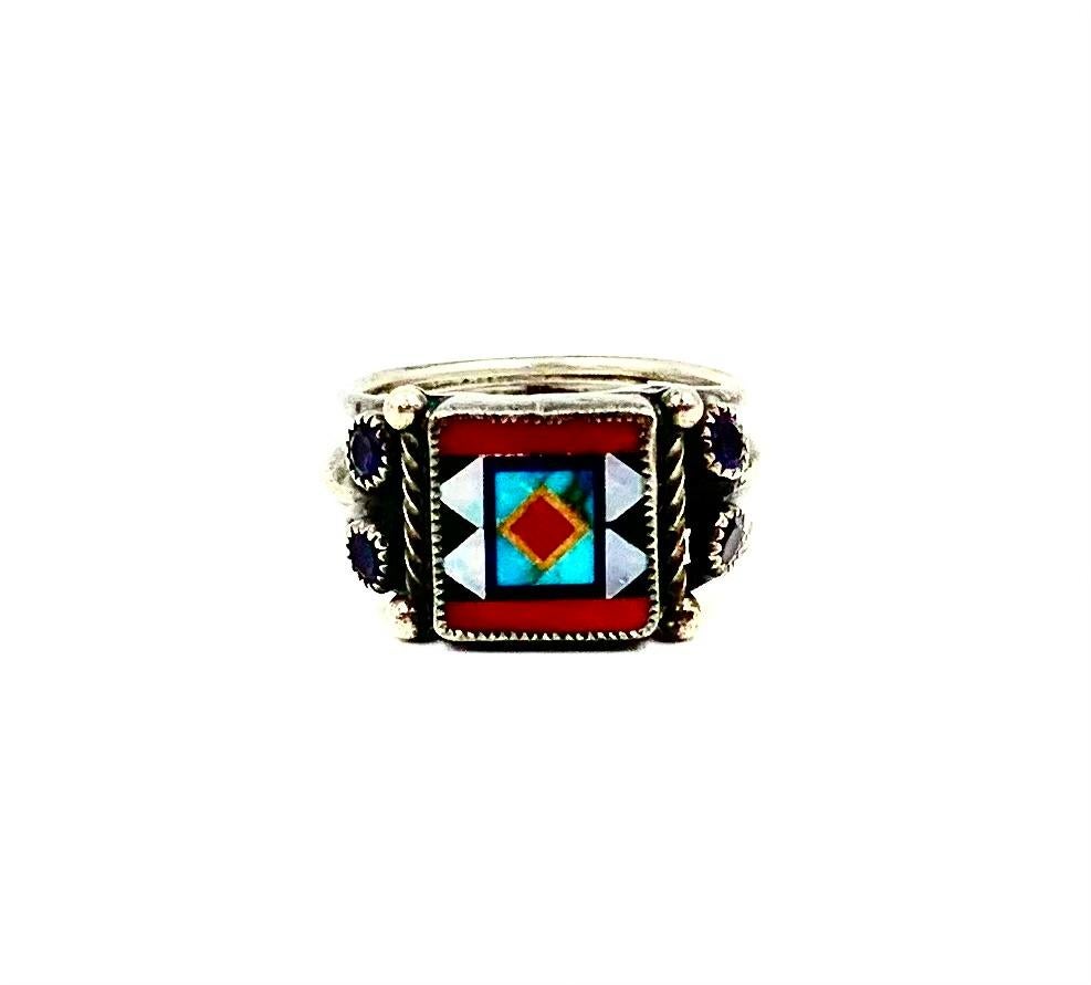 American Craftsman Aldrich Art Inlaid Opal Turquoise Coral Jet Lapis Lazuli Amethyst Silver Ring For Sale