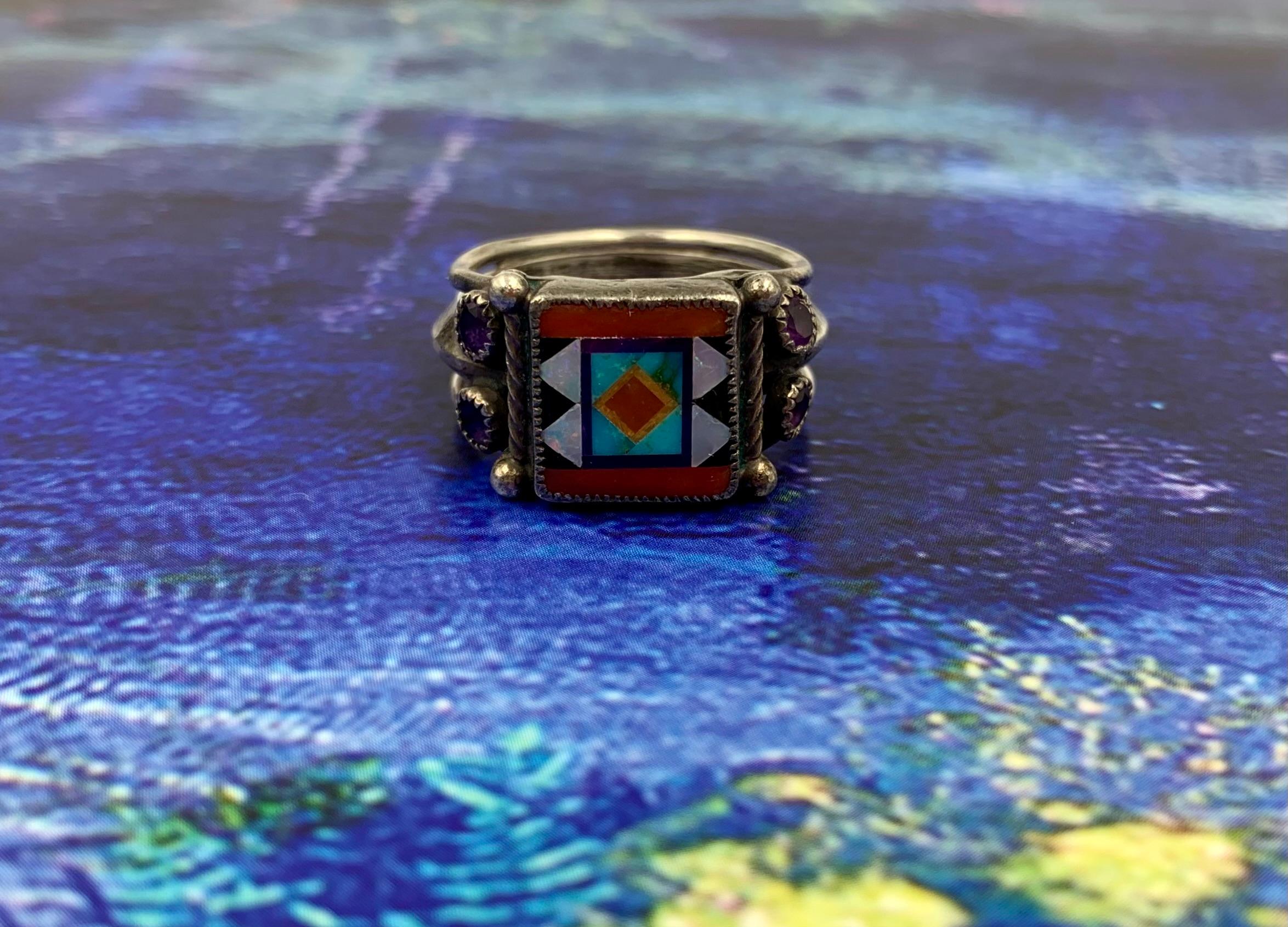 American Aldrich Art Inlaid Opal Turquoise Coral Jet Lapis Lazuli Amethyst Silver Ring For Sale