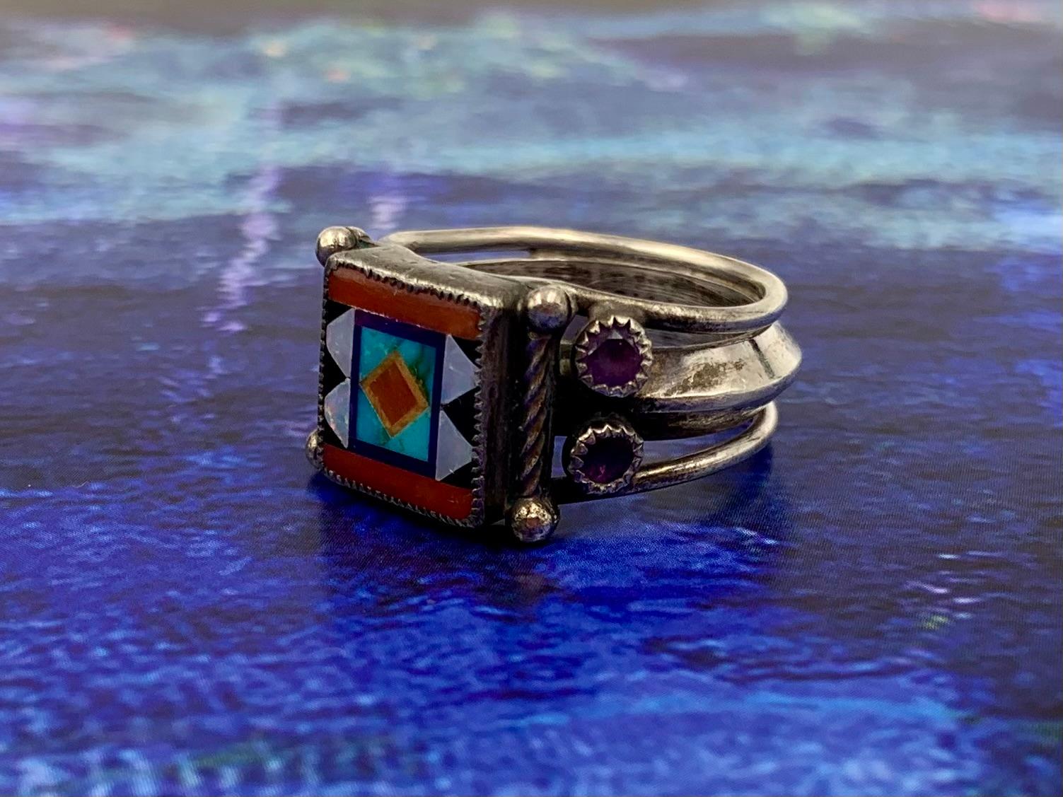 Aldrich Art Inlaid Opal Turquoise Coral Jet Lapis Lazuli Amethyst Silver Ring In Good Condition For Sale In New York, NY