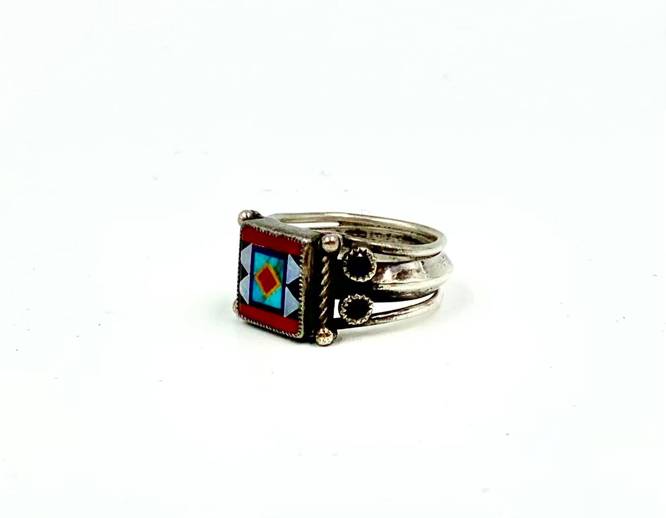 20th Century Aldrich Art Inlaid Opal Turquoise Coral Jet Lapis Lazuli Amethyst Silver Ring For Sale