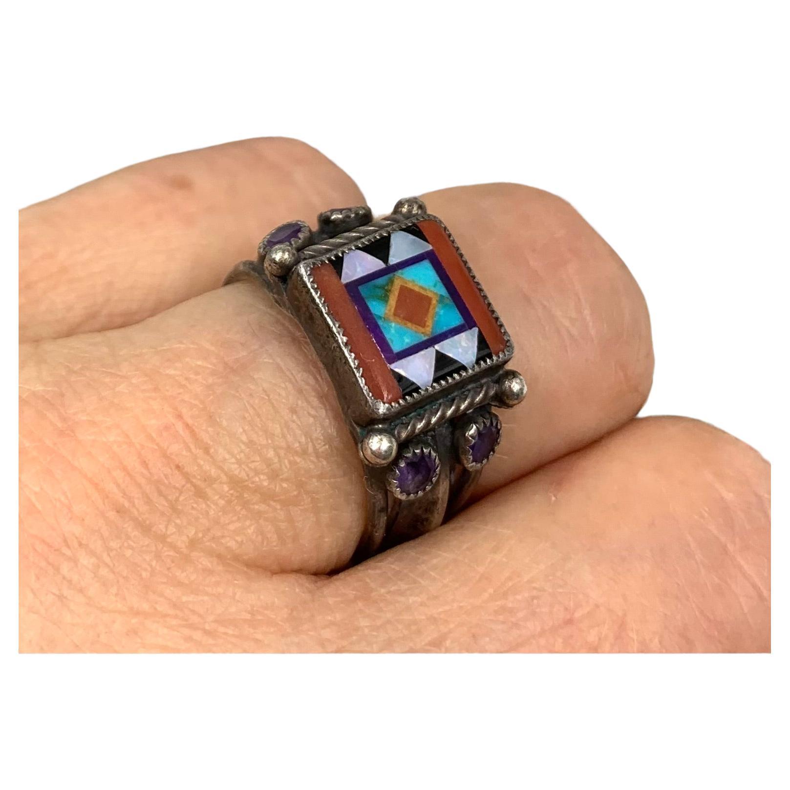 Aldrich Art Inlaid Opal Turquoise Coral Jet Lapis Lazuli Amethyst Silver Ring For Sale