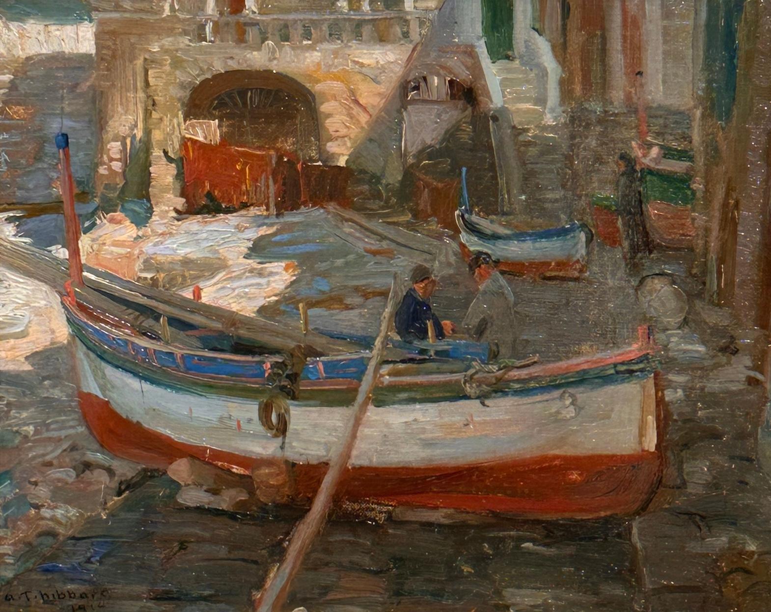 Une œuvre de jeunesse de l'impressionniste américain Aldro AT&T, "Venice, 1914". Peint au cours de ses voyages à l'étranger, Hibbard rend la pierre éclairée par le soleil, les bateaux usés par les intempéries et les figures des pêcheurs locaux avec