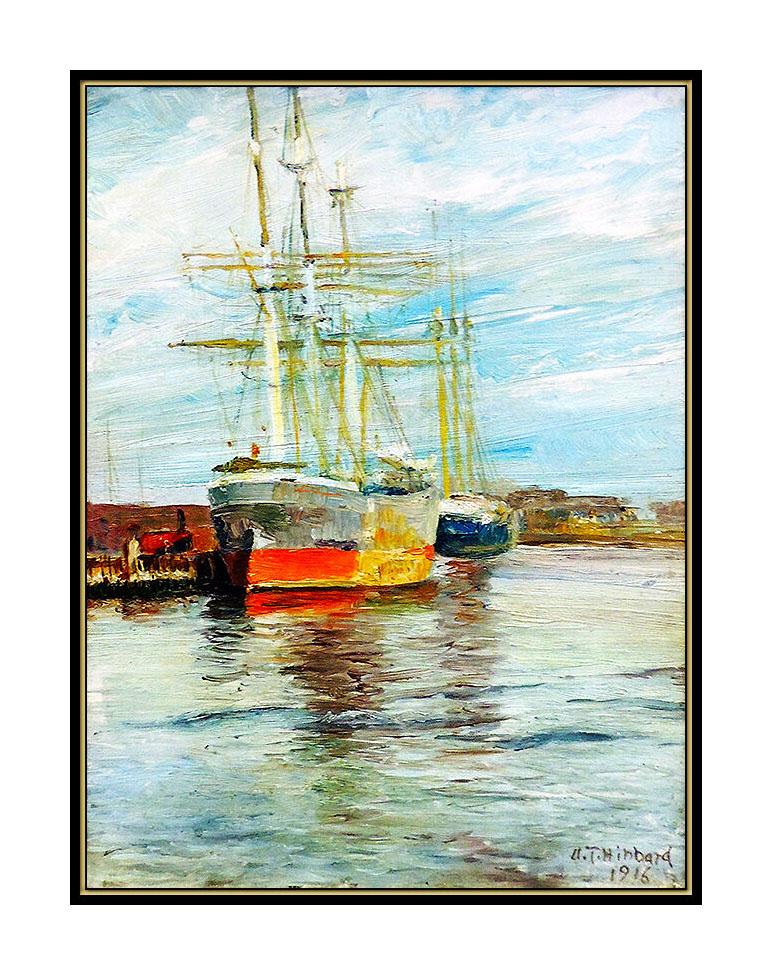 Aldro A.T. HIBBARD Original Painting Oil on Board Authentic Signed Harbor Art - Beige Landscape Painting by Aldro Thompson Hibbard