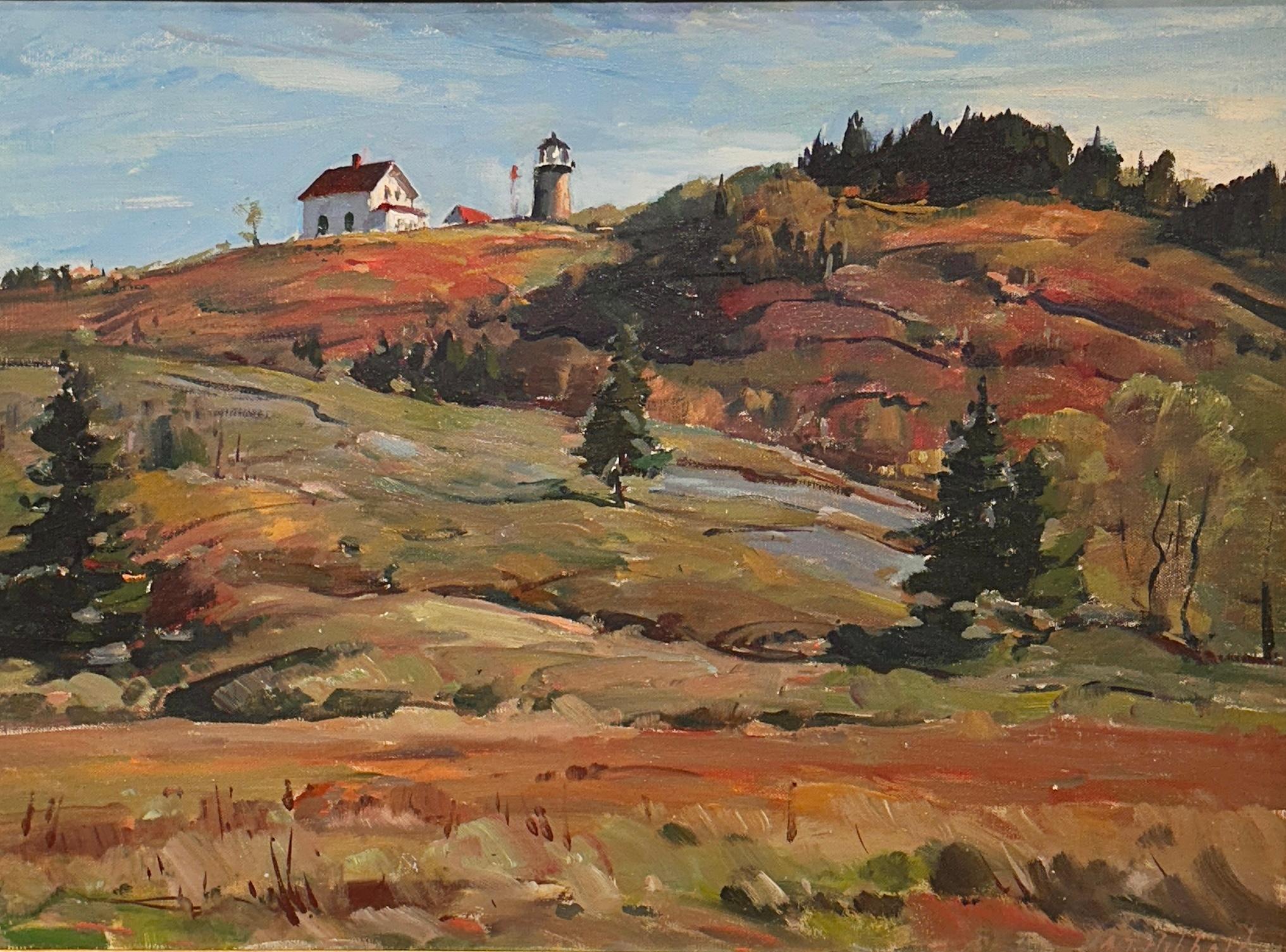 Aldro T. Hibbard's "Monhegan Light" beautifully captures the charm of Monhegan Island, with its iconic lighthouse set against rolling hills and vibrant, natural colors. Hibbard studied at the Boston Museum School and became known for his