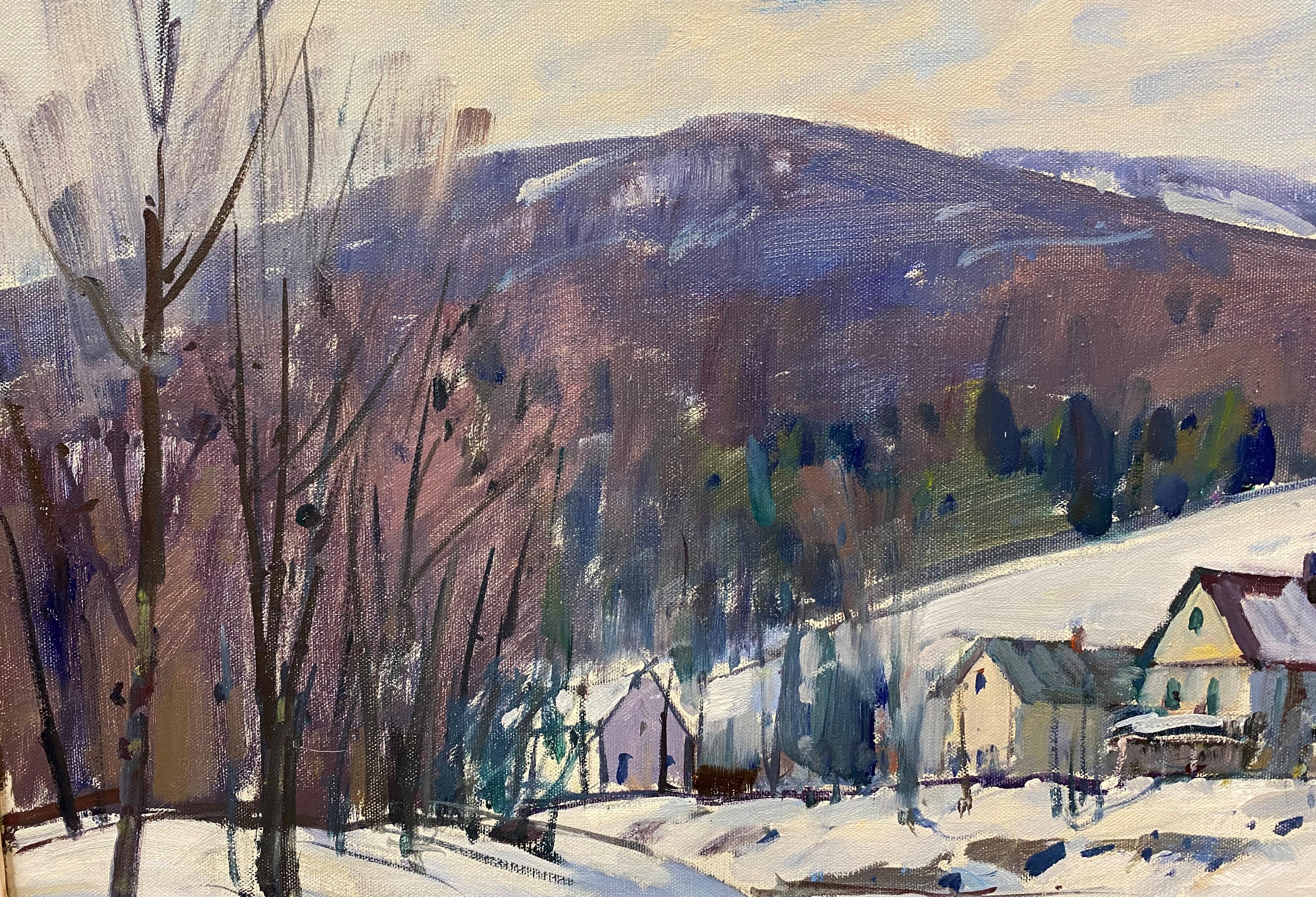 Eine schöne Winterlandschaft aus Neuengland, die ein rotes Haus an einem schneebedeckten Fluss zeigt, stammt vom amerikanischen Künstler Aldro Thompson Hibbard (1886-1972). Hibbard wurde in Falmouth, MA, geboren und war später einer der Gründer der