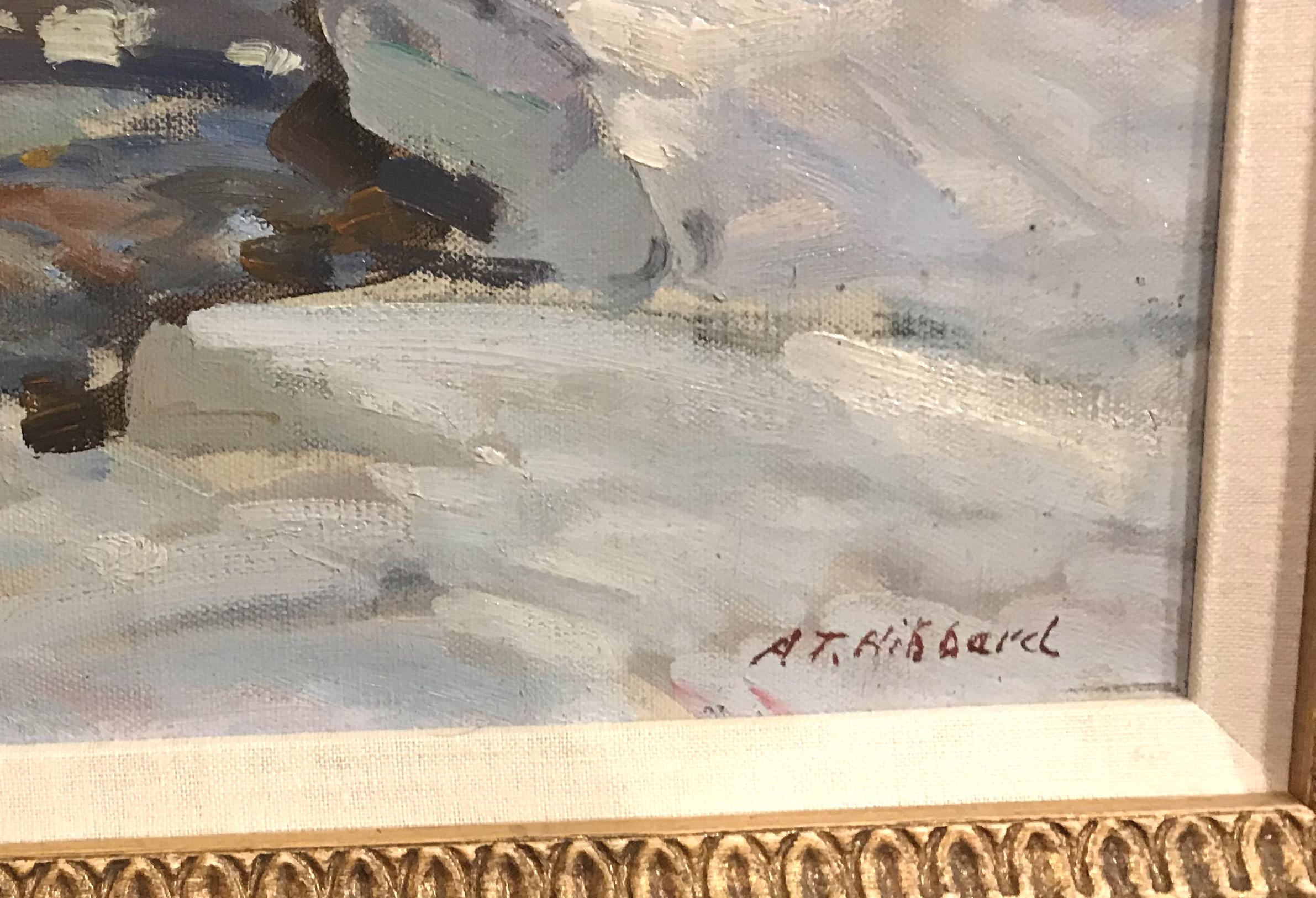 Ce magnifique paysage de montagne hivernal datant d'environ 1925 a été peint par l'artiste américain Aldro Thompson Hibbard (1886-1972). Hibbard est né à Falmouth, dans le Massachusetts, puis est devenu l'un des fondateurs de la Rockport Art Colony.