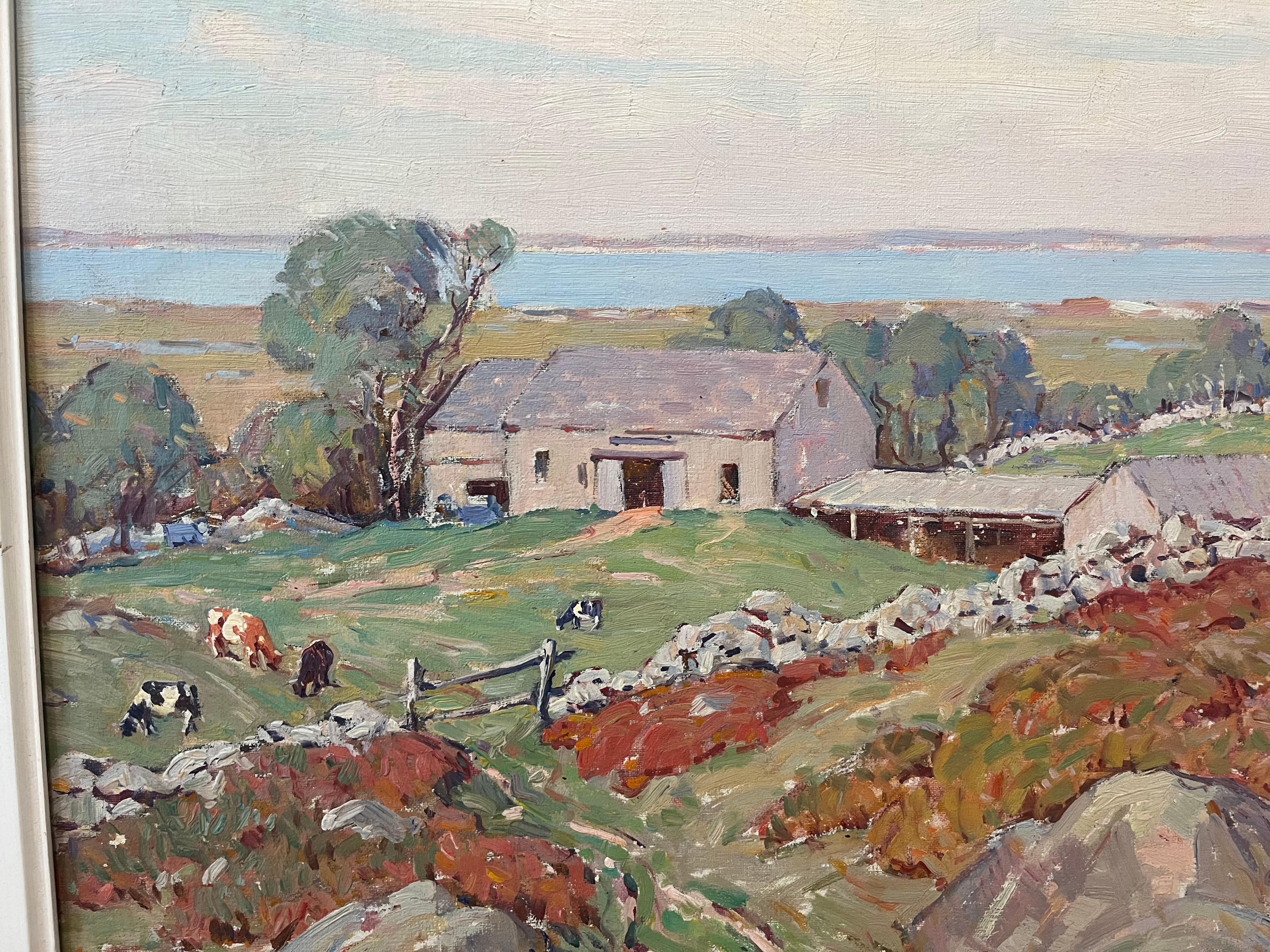 This is a beautiful Cape Cod Massachusetts spring landscape with a rural farm and water behind it was painted by American artist Aldro Thompson Hibbard (1886-1972). Hibbard was born in Falmouth, Vermont and later became one of the founders of the