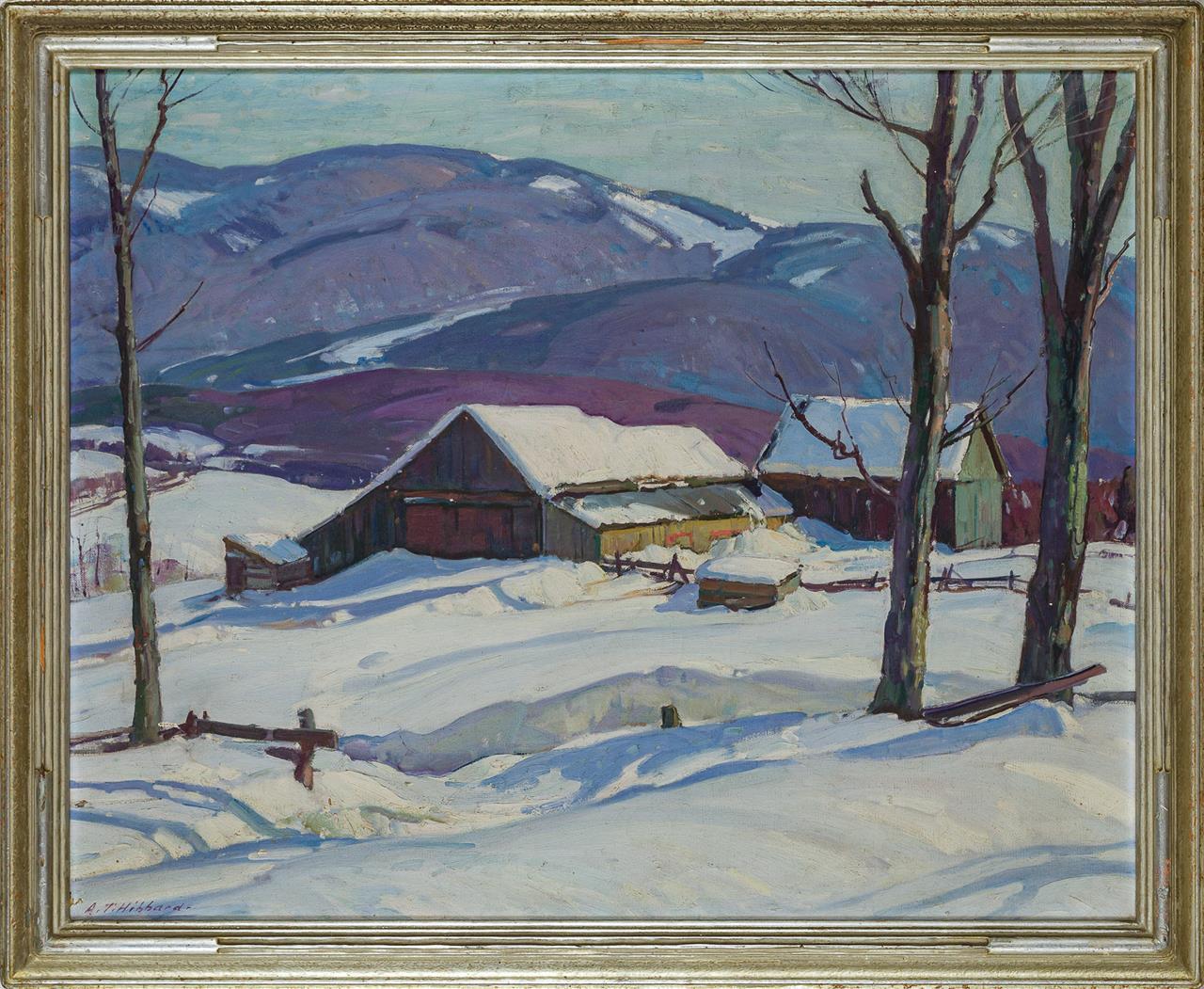 Vermont Farm in Winter, Aldro Hibbard, New England Impressionist Snow Landscape - Painting by Aldro Thompson Hibbard