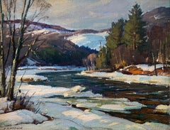 Paysage de neige d'hiver régional sur la rivière ouest du Vermont, Paysage impressionniste américain