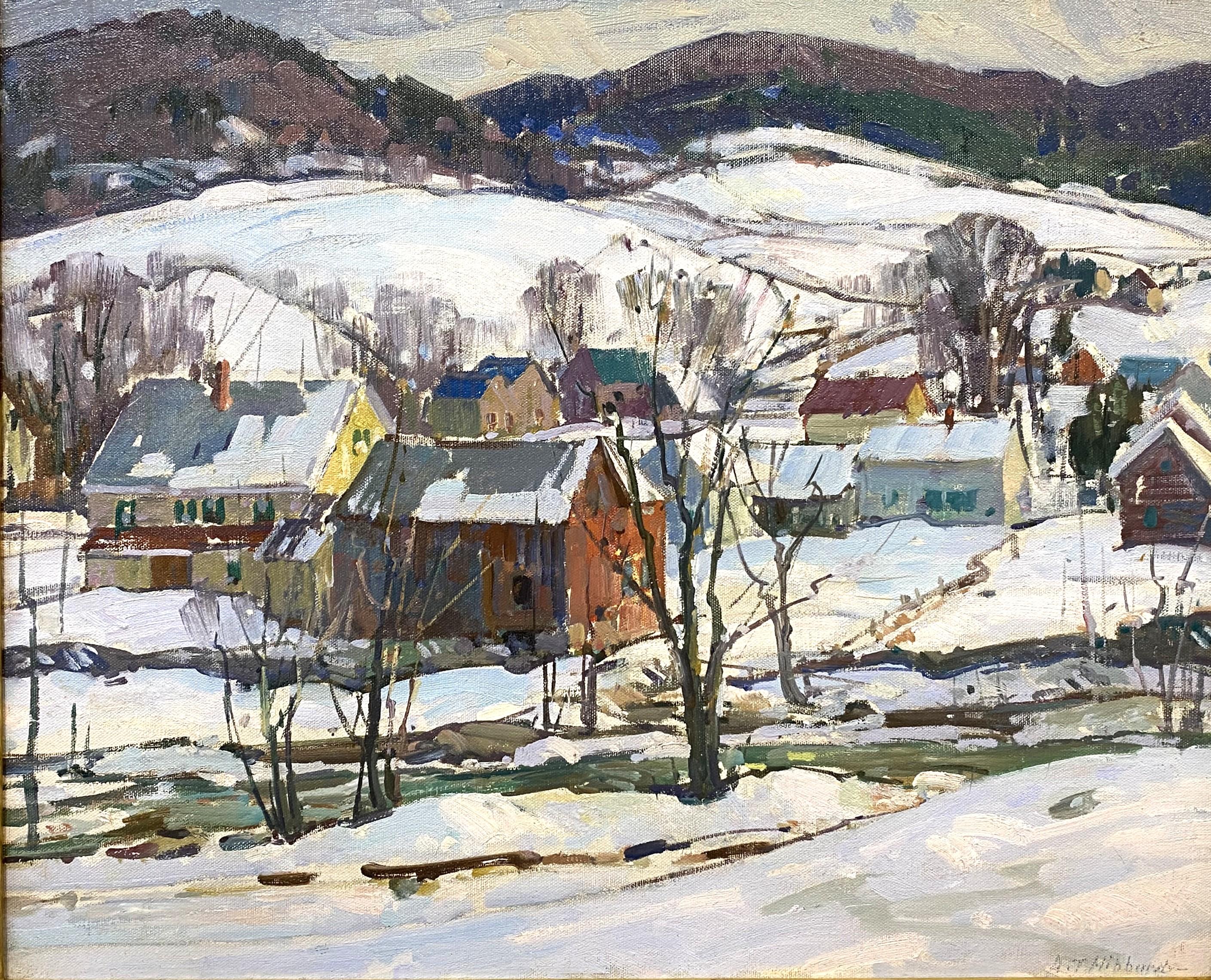Winterlandschaft mit Häusern, Jamaika, VT – Painting von Aldro Thompson Hibbard