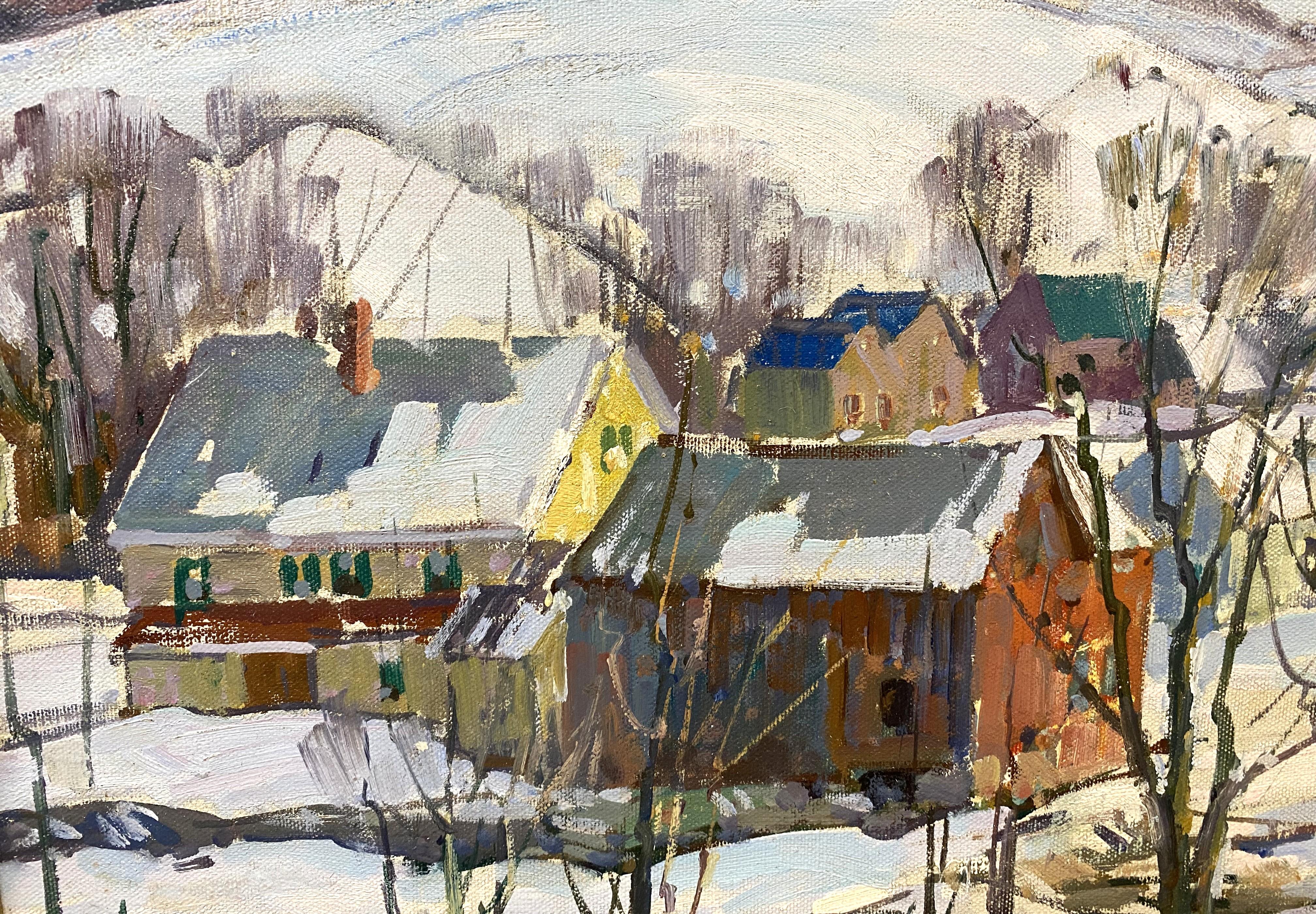 Winterlandschaft mit Häusern, Jamaika, VT (Amerikanischer Impressionismus), Painting, von Aldro Thompson Hibbard