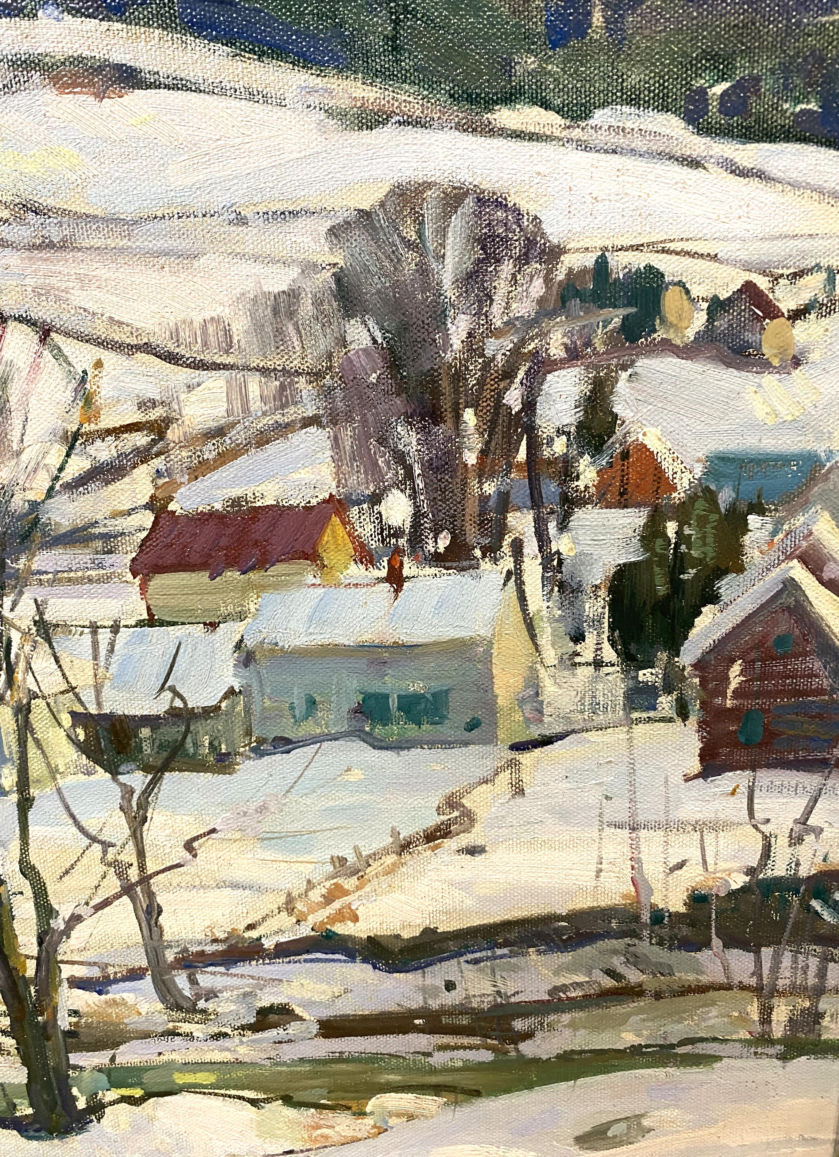 Winterlandschaft mit Häusern, Jamaika, VT (Braun), Landscape Painting, von Aldro Thompson Hibbard
