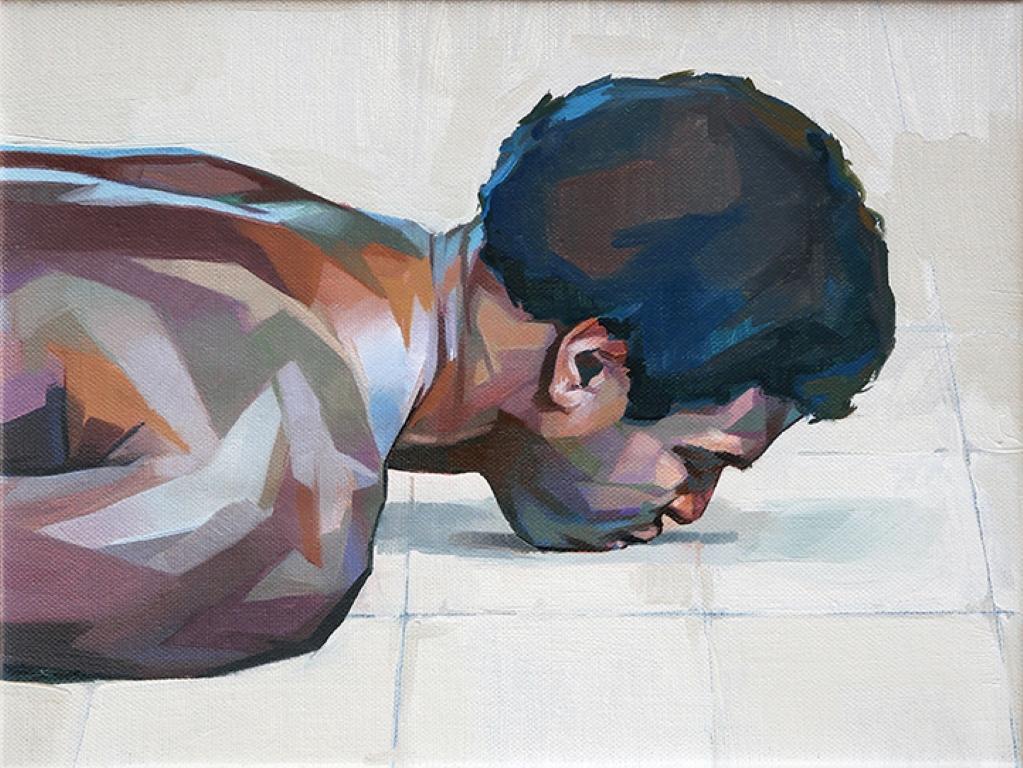 Ale Casanova's "Repose Kissing the Ground" is an original, handmade oil painting that depicts a portrait of a model kissing the ground.  

Alejandro Casanova was born in Valencia, Spain, in 1981, and quickly demonstrated an exceptional flair for the