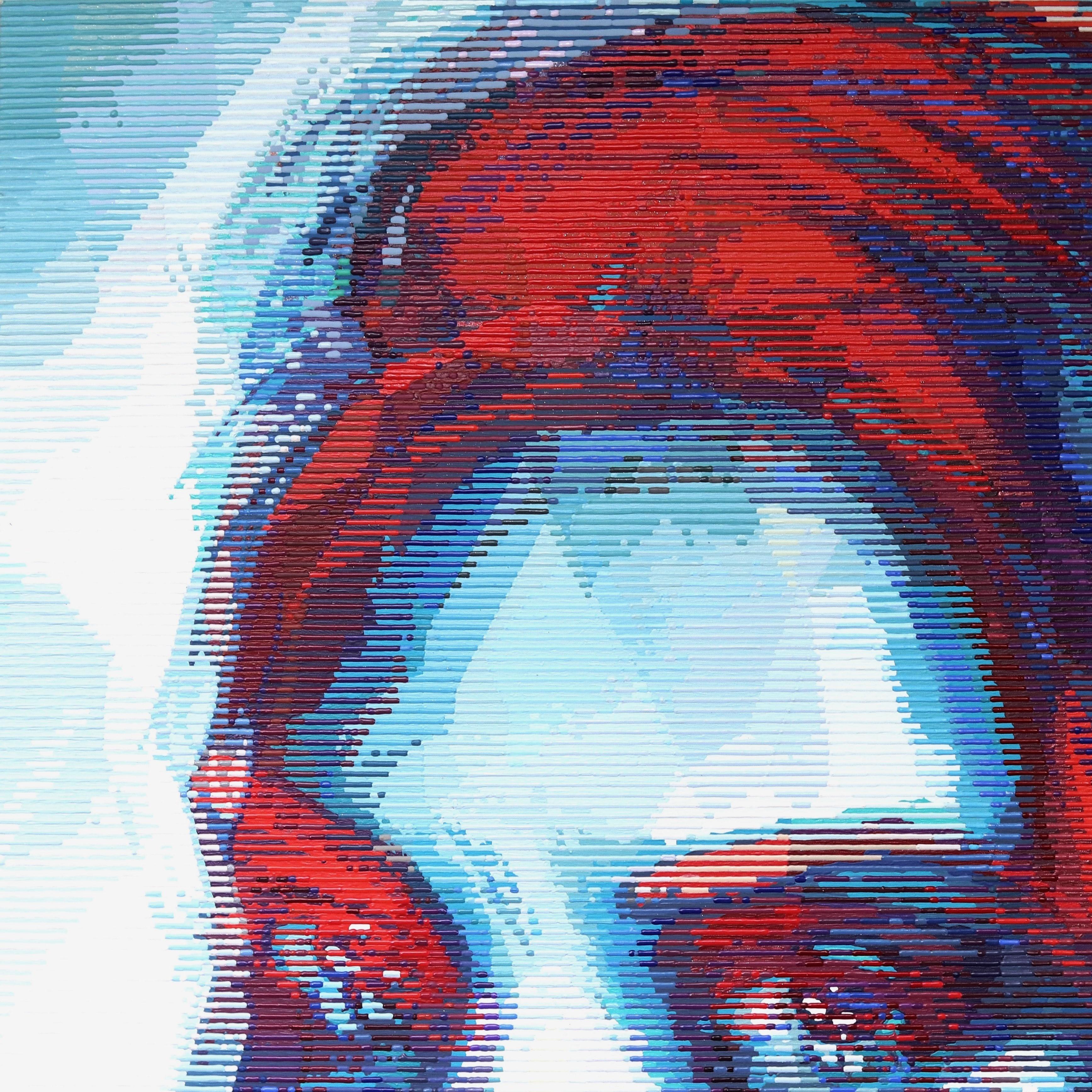 La original obra de arte vibrante y moderna de Alea Pinar Du Pre representa el retrato de una mujer en un estilo gráfico pop-realista. La textura tridimensional, textural y lineal de toda la obra de arte añade un ritmo y una cualidad dinámica