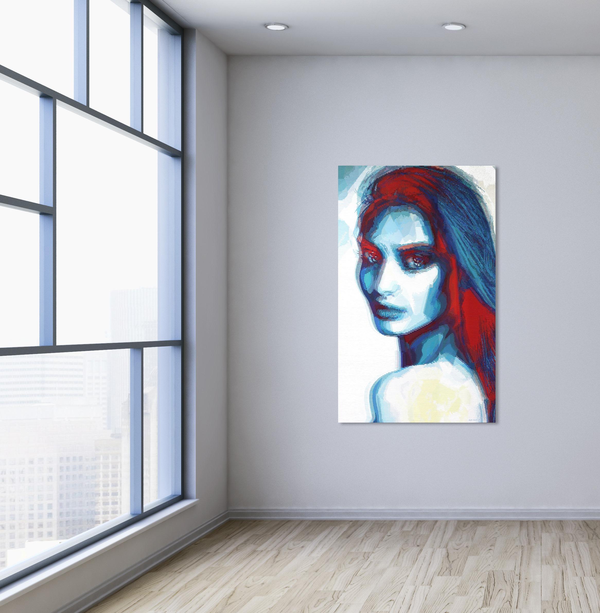 Mila - Grande peinture d'origine de femme pop art figurative bleue, graphique et texturée en vente 1