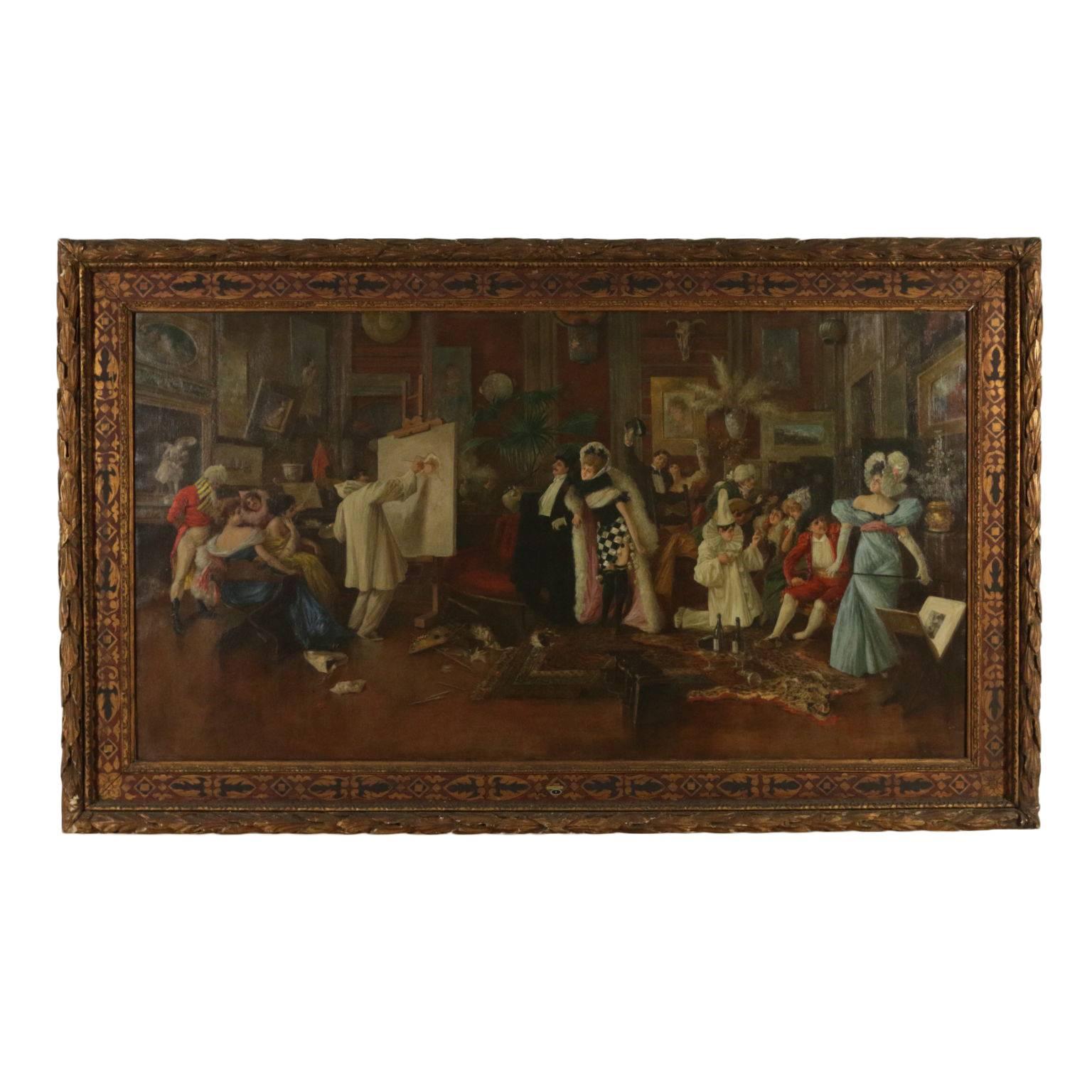 Oil on canvas. Large dimensions, the painting is the loyal and coeval copy of the original by Aleardo Villa titled 'In my studio after the party', published in 1900 on the 'Nature and art' magazine by Vallardi. The painting has been probably made in