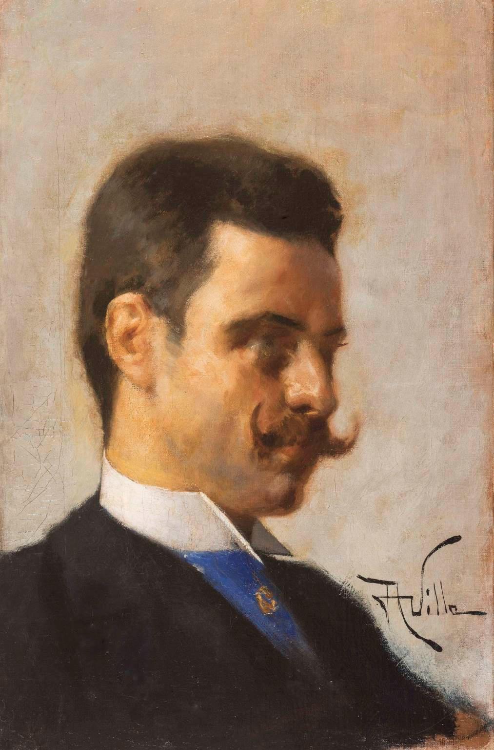 Portrait Painting Aleardo Villa - Portrait masculin de Villa Moustache sur toile à l'huile signée Aleardo, 1890