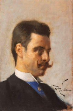 Antique Signed Aleardo Villa Male Moustache Portrait 1890 circa oil canvas