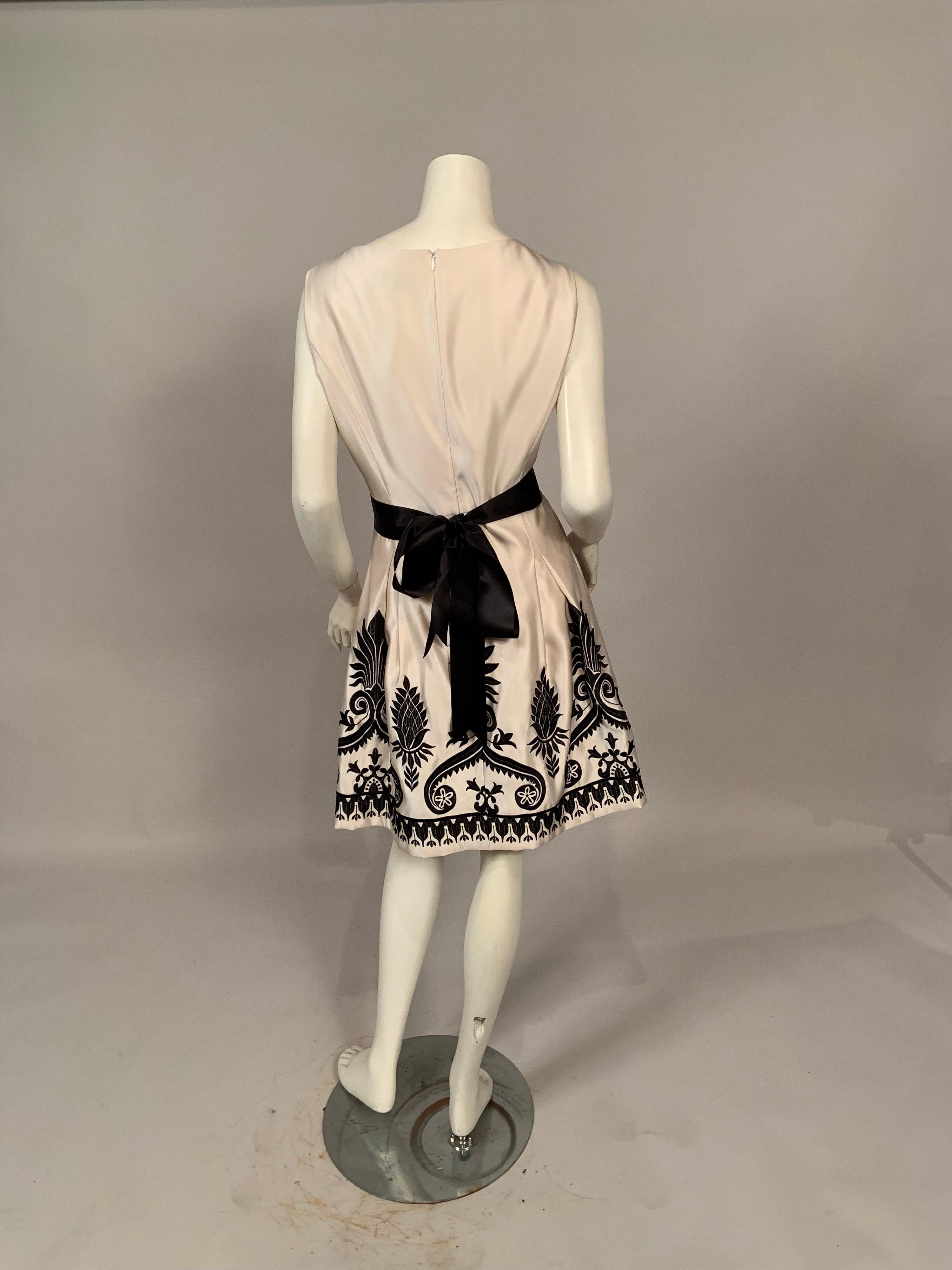 White Alease Fisher Cream Silk Cocktail Dress with Black Embroidery