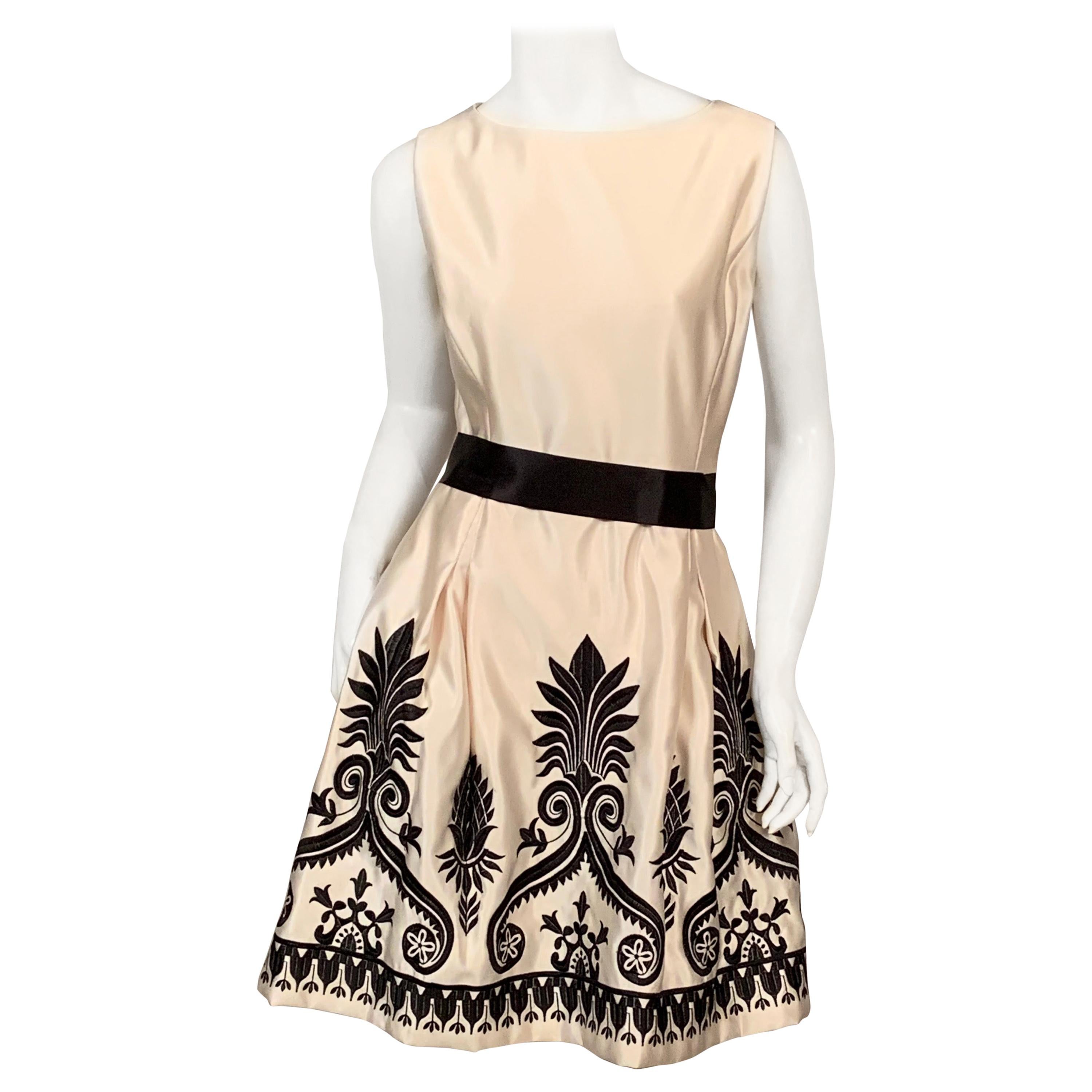 Alease Fisher Cream Silk Cocktail Dress with Black Embroidery