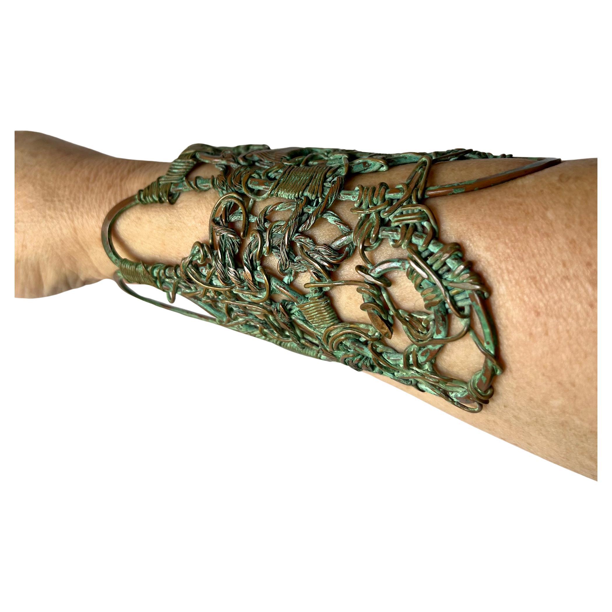 Alex and Lee Artisan Handmade Patinated Hammered Woven Brass Copper Wire Cuff For Sale 2