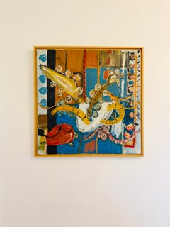 Abstraktes Gemälde Öl auf Leinwand Britischer Künstler Blau Orange Gelb Signiert 2015