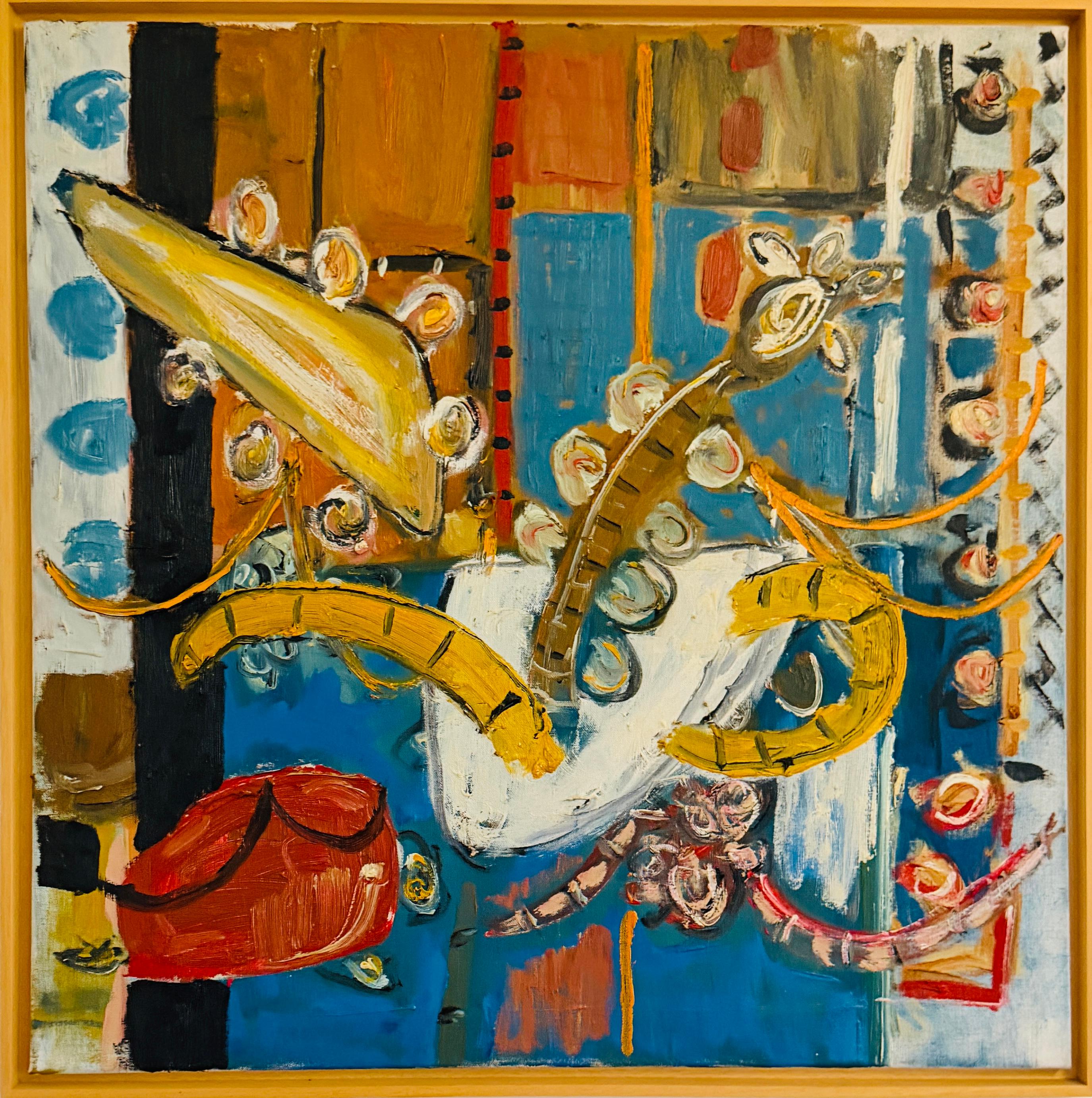 Abstract Painting Oil on Canvas British Artist Blue Orange Yellow Signed 2015
