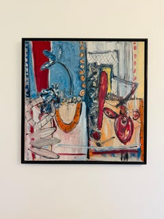 Abstraktes Gemälde Öl auf Leinwand Britischer Künstler Blau Rot Gelb Signiert Datiert 2014