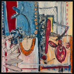 Abstract Painting Oil on Canvas British Artist Blue Red Yellow Signed Dated 2014