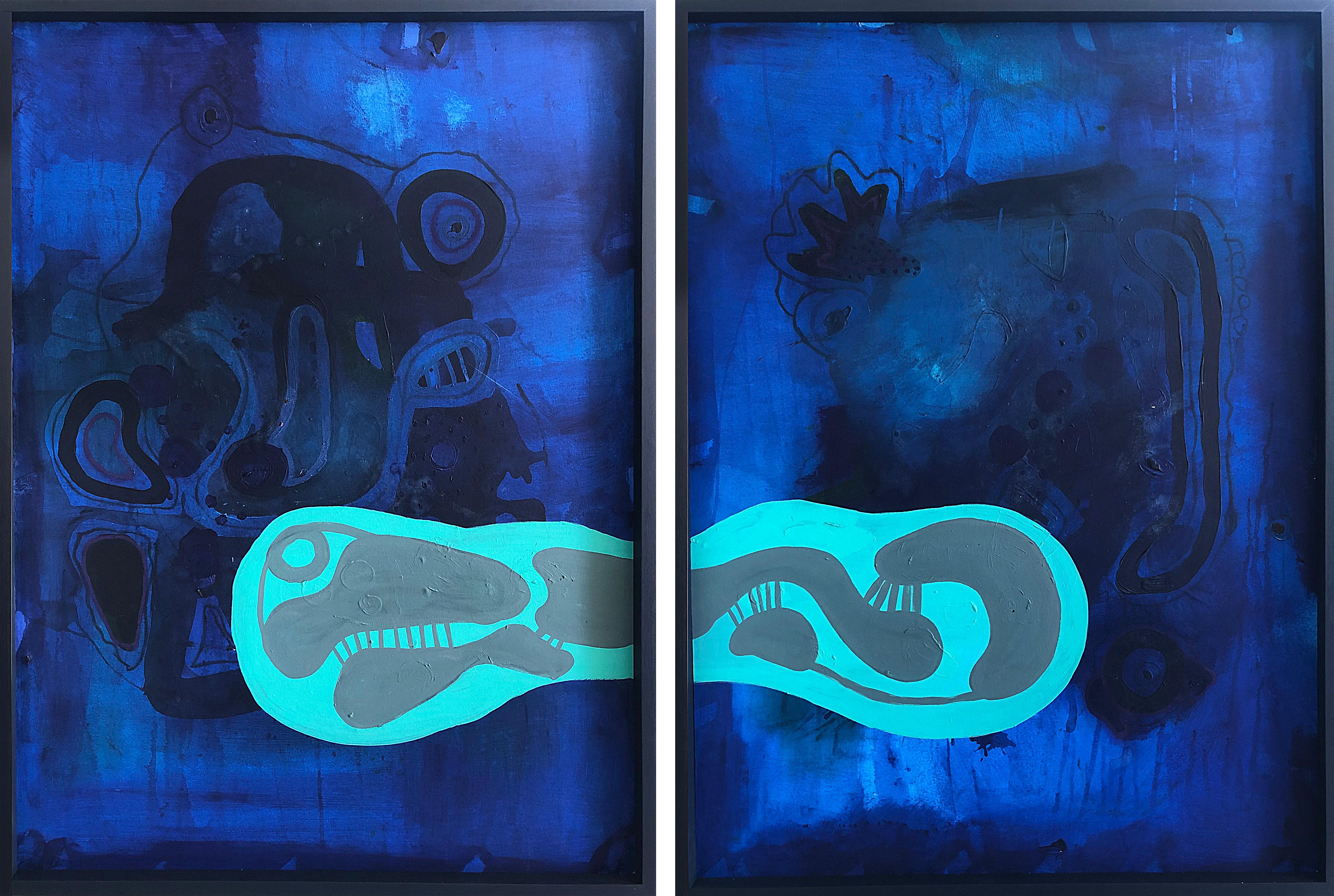 Alec Franco  Abstract Painting –  AZULES 1 & 2 Diptychon. Abstraktes Gemälde in Mischtechnik auf Leinwand