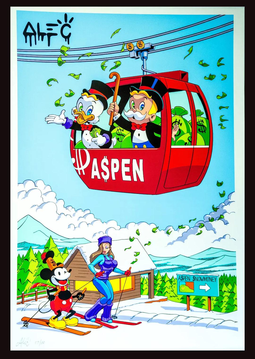 Artist: Alec Monopoly.
Title: "Aspen Snow Day"
Year: 2022
Medium: Giclee on paper.
Edition: of 200
Signed and numbered in pencil by the artist.
Size: 31" x 22".
In Excellent condition.
Certificate of Authenticity is included.

Alec Monopoly