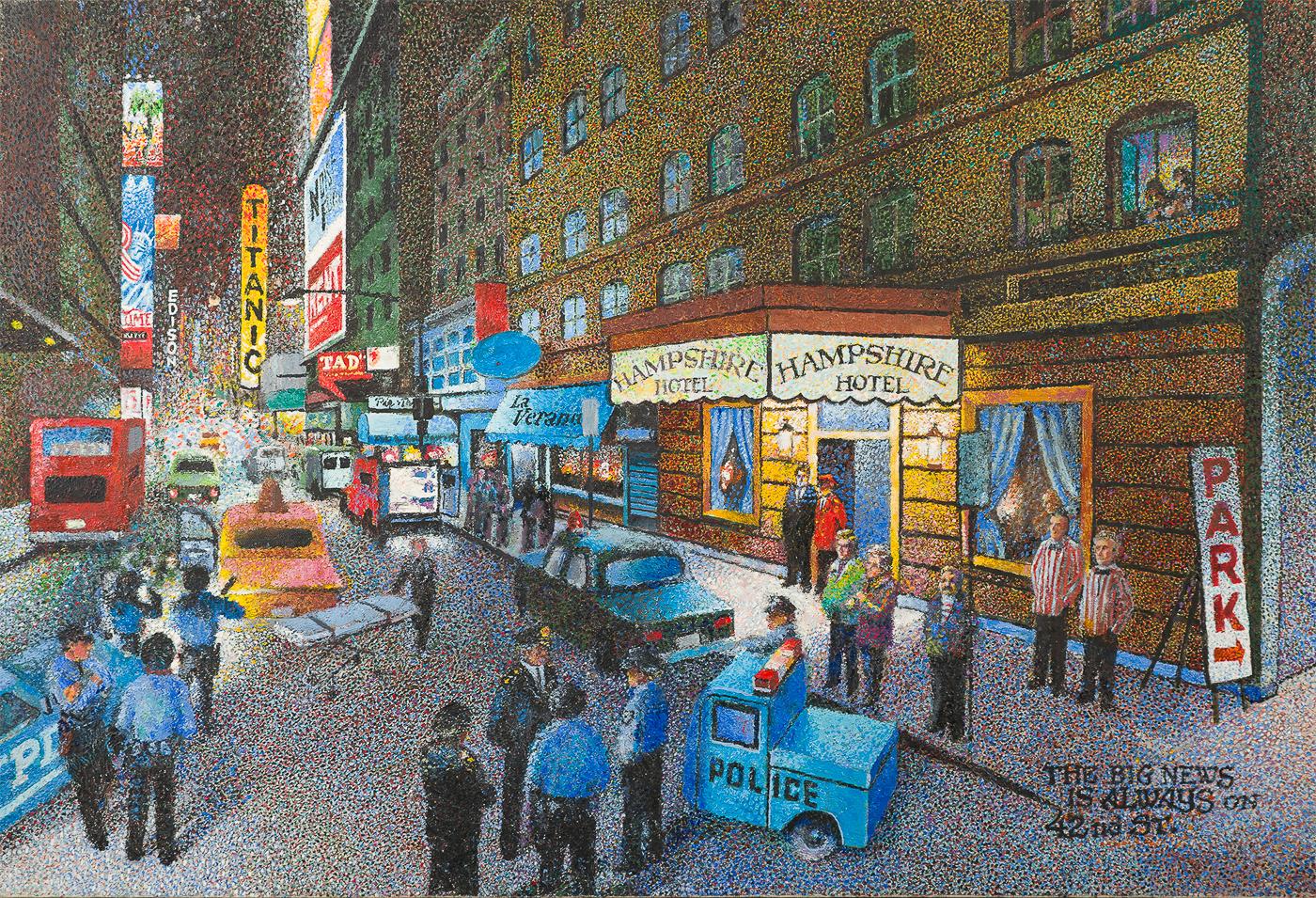 Alec Montroy Landscape Painting – The Big News befindet sich immer in der 42nd Street