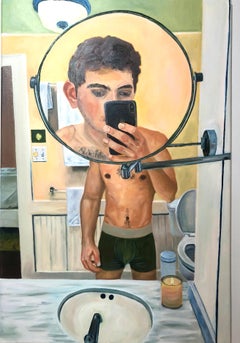 Selfie in the Mirror, figurative contemporary oil painting of a young man.
