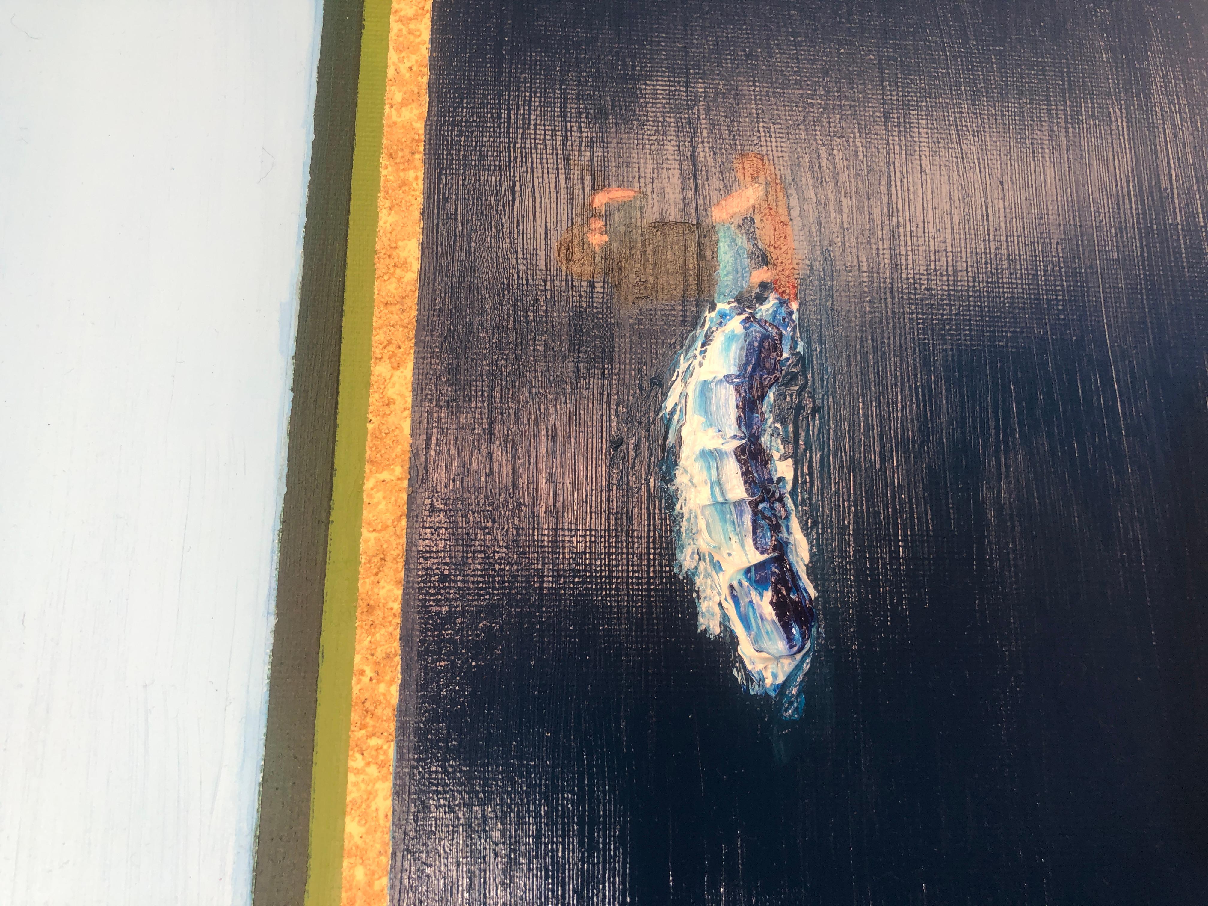 Gardiners Bay at 5:59 am, oil painting of a kitesurfer on water at sunrise - Painting by Alec Waxman
