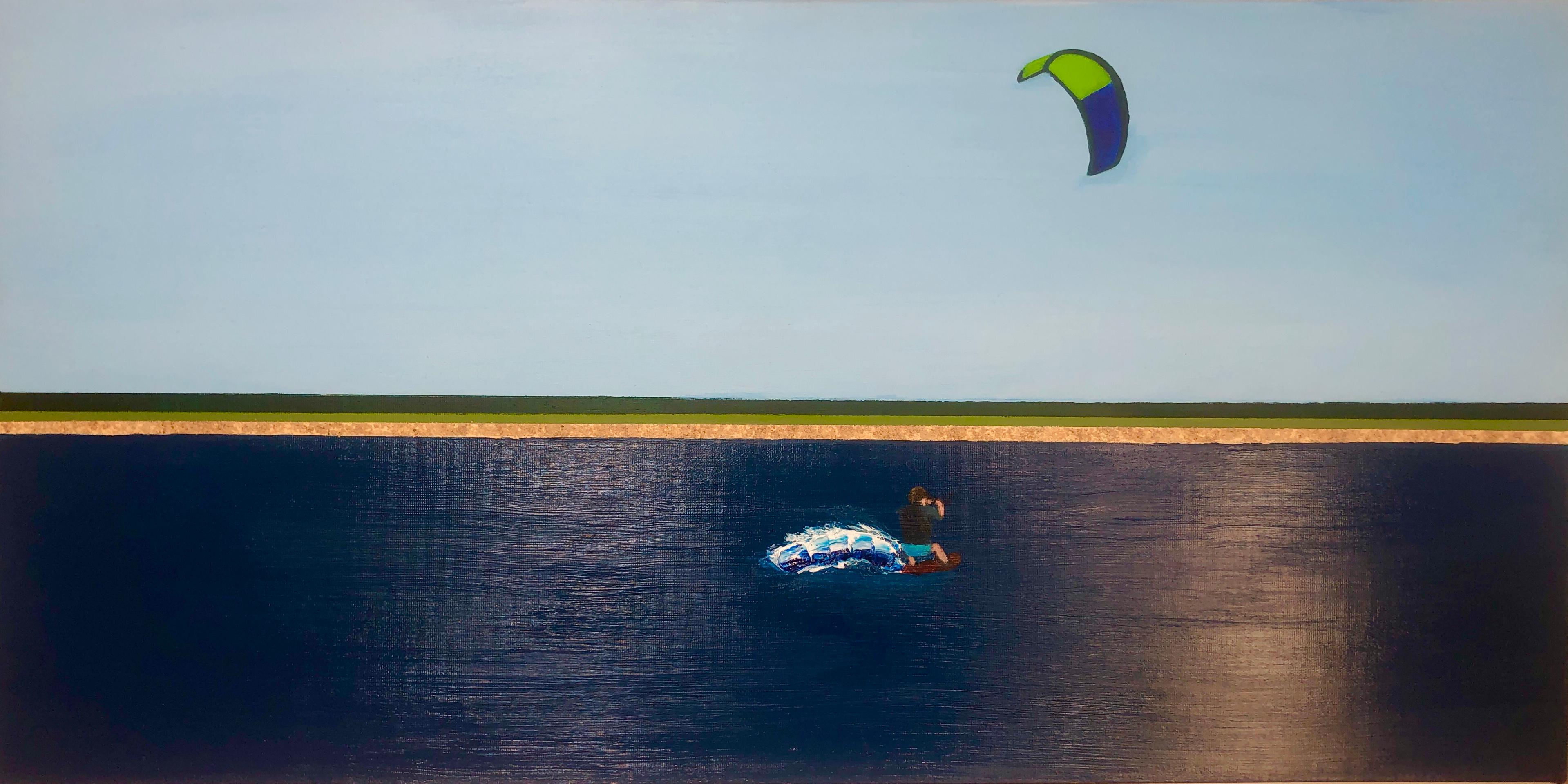 Gardiners Bay at 5:59 am Morgen, Ölgemälde eines kite Surfers auf Wasser bei Sonnenaufgang