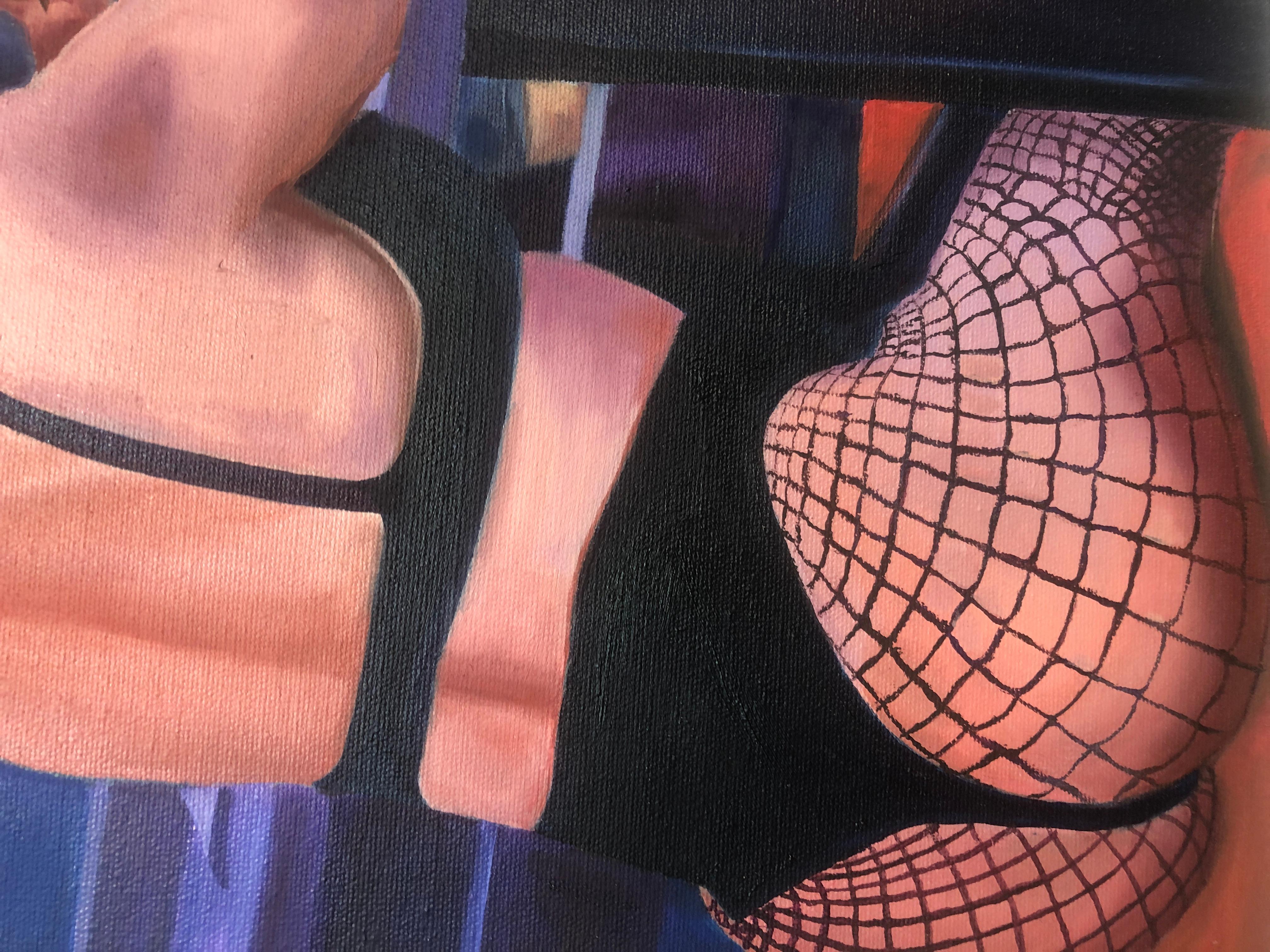 Key West Queens, figurative zeitgenössische Kunst, die eine Nachtclub-Lounge-Party darstellt (Violett), Interior Painting, von Alec Waxman