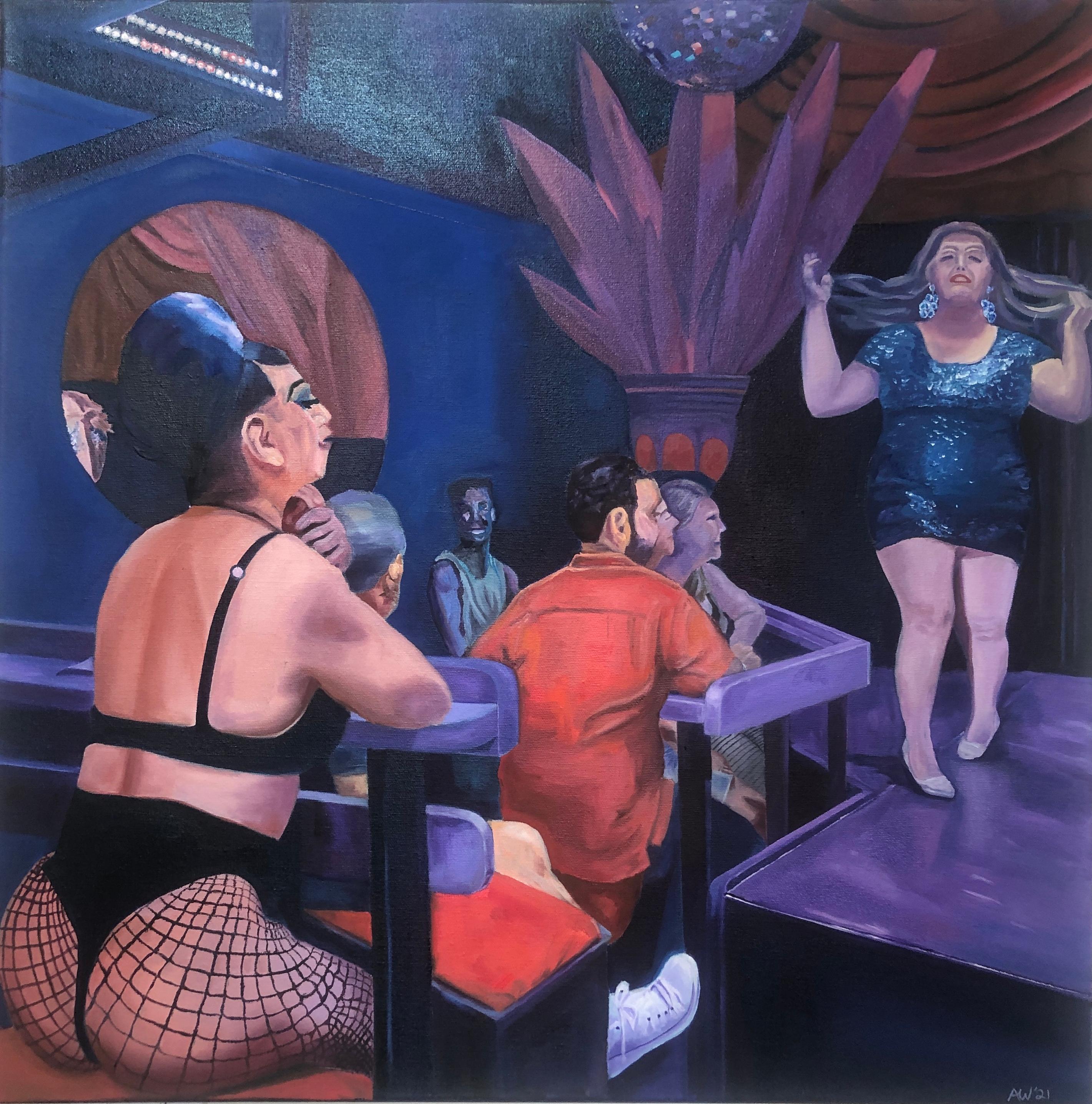 Alec Waxman Interior Painting – Key West Queens, figurative zeitgenössische Kunst, die eine Nachtclub-Lounge-Party darstellt