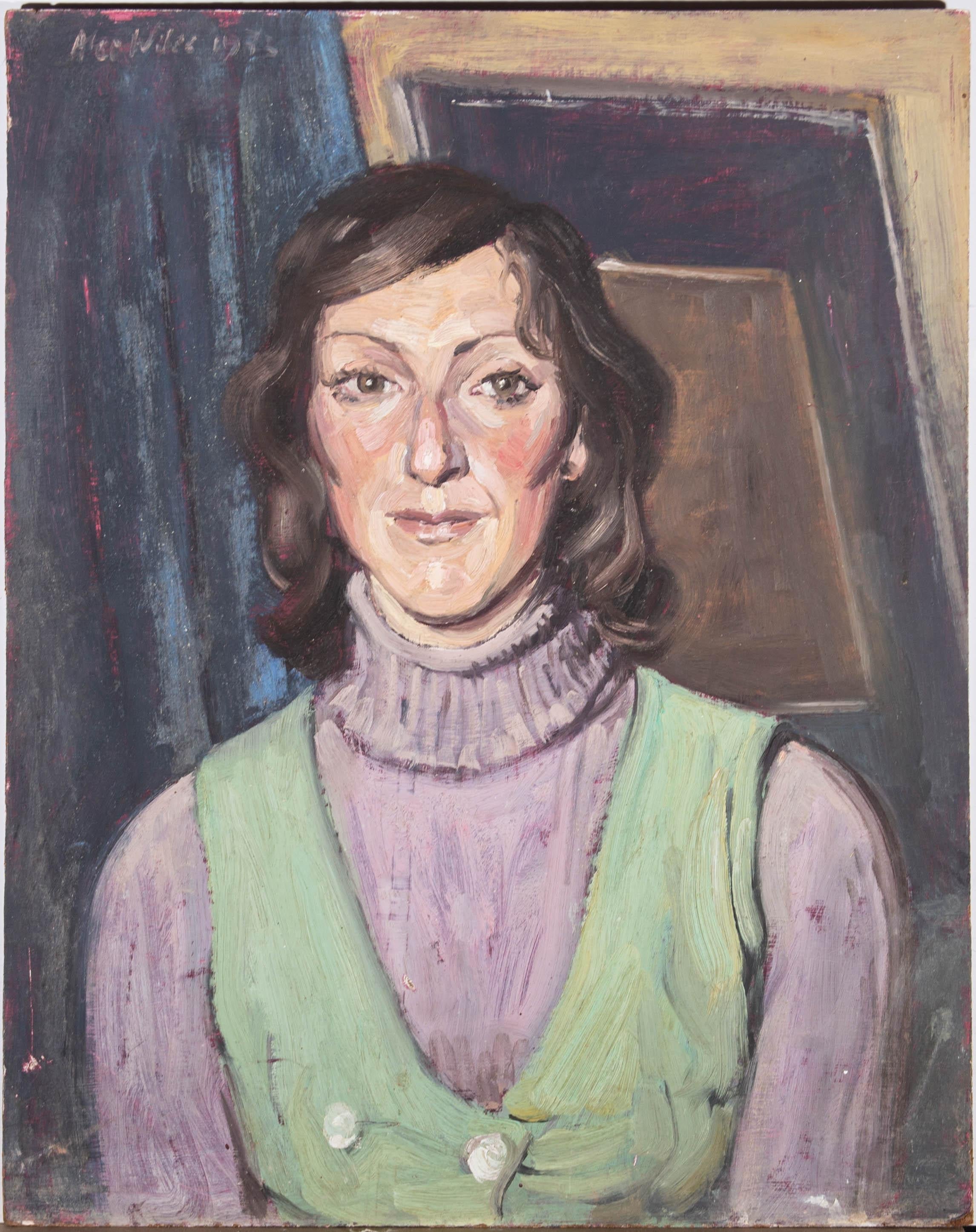 An attractively coloured portrait showing a young woman with beautiful brown eyes, wearing a lilac jumper and green house apron. The artist has used confident gestural brushstrokes to build up tone and form in the sitter's face. The artist has
